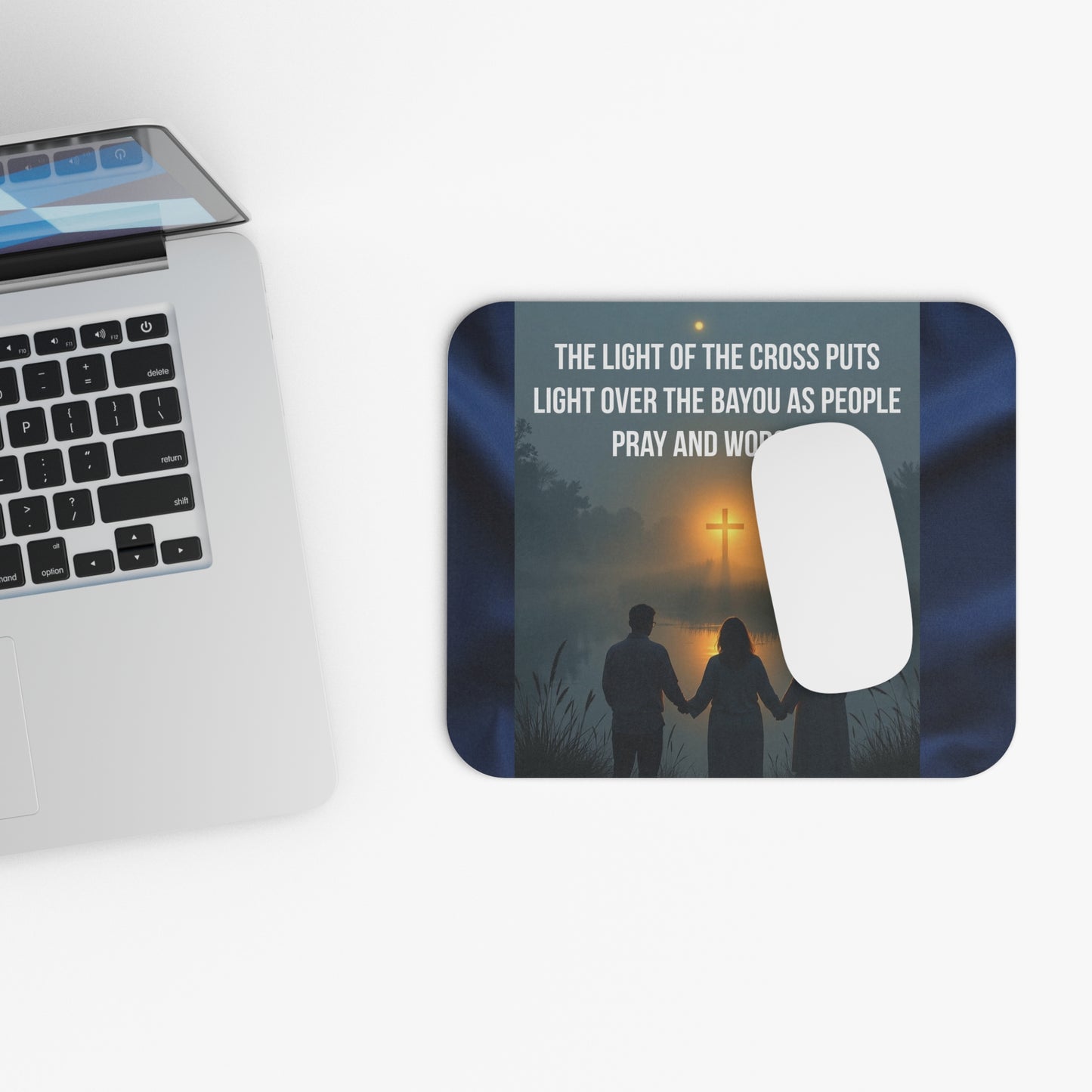Christian Mouse Pad — "The Light of the Cross Puts Light Over the Bayou" Inspirational Desk Mat