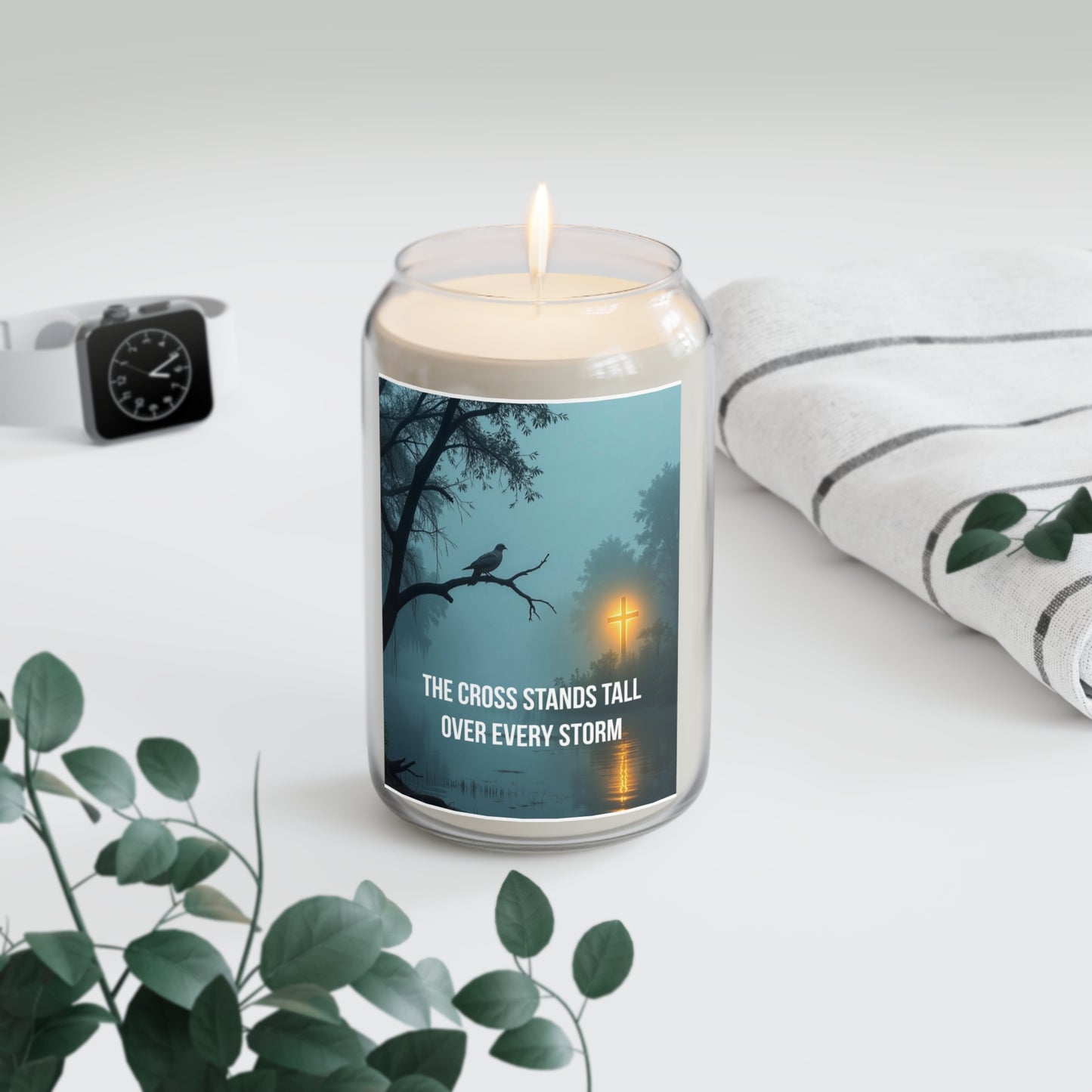 Inspirational Soy Candle — "The Cross Stands Tall Over Every Storm" (13.75 oz)