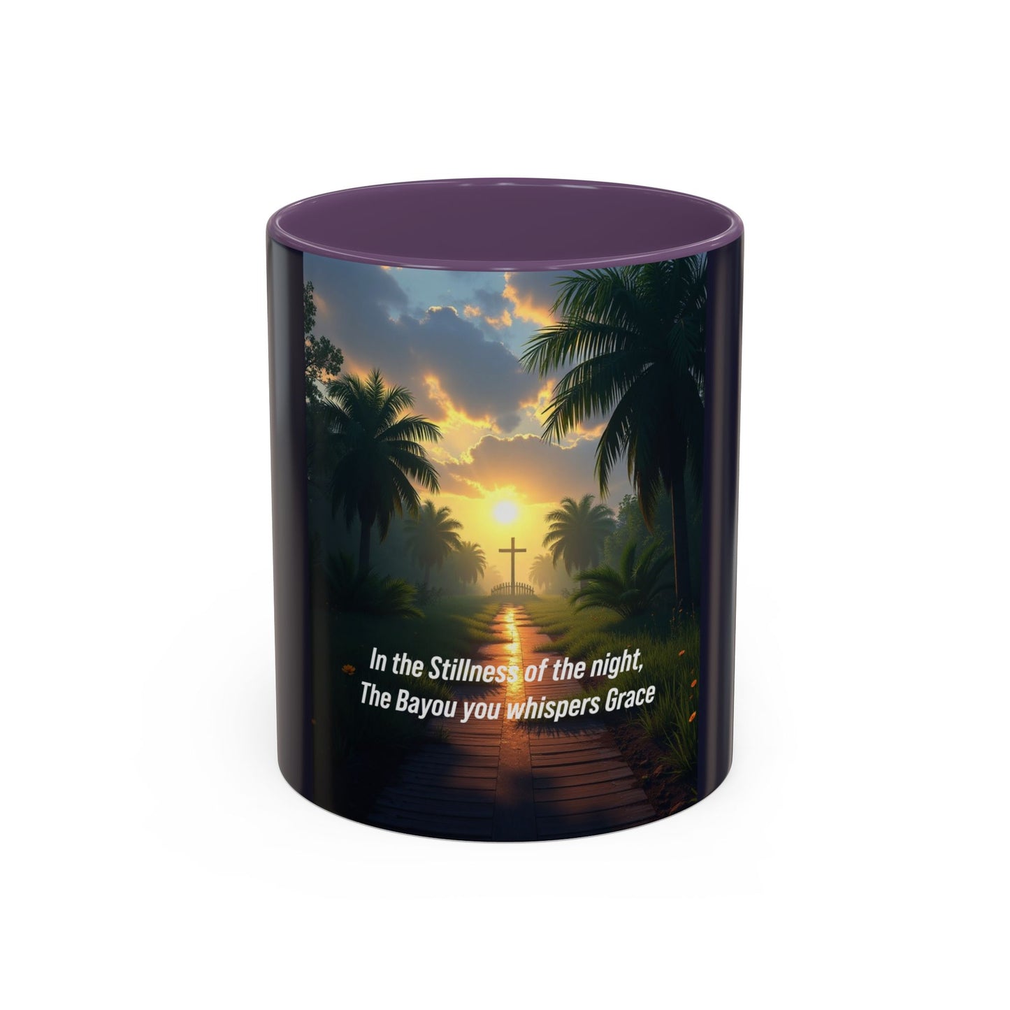 Accent Coffee Mug — Tranquil Bayou Sunset Mug with Cross & Inspirational Quote