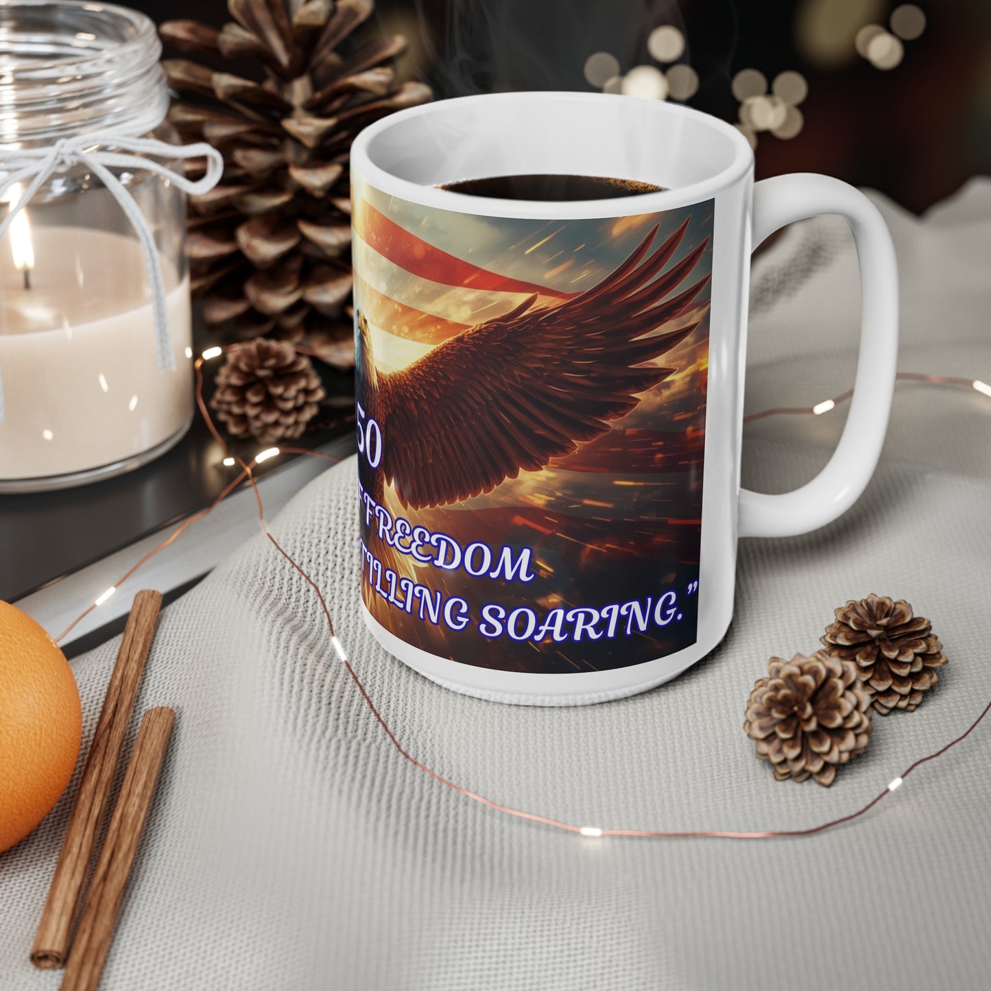 Ceramic Mug — Patriotic Bald Eagle with American Flag, “250 Years of Freedom” Coffee Cup (11oz/15oz)