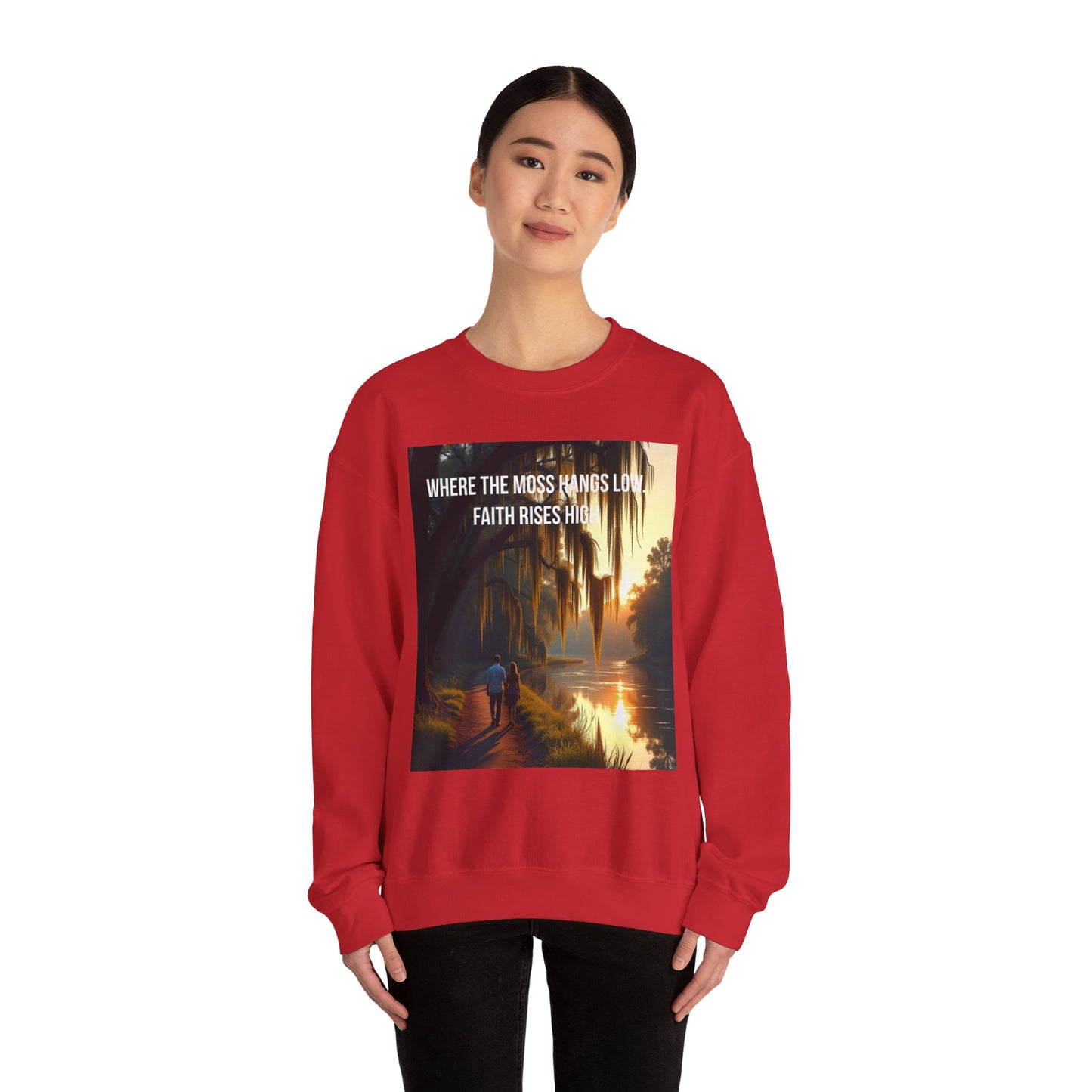 Inspirational Southern Bayou Sweatshirt — "Where the Moss Hangs Low, Faith Rises High"