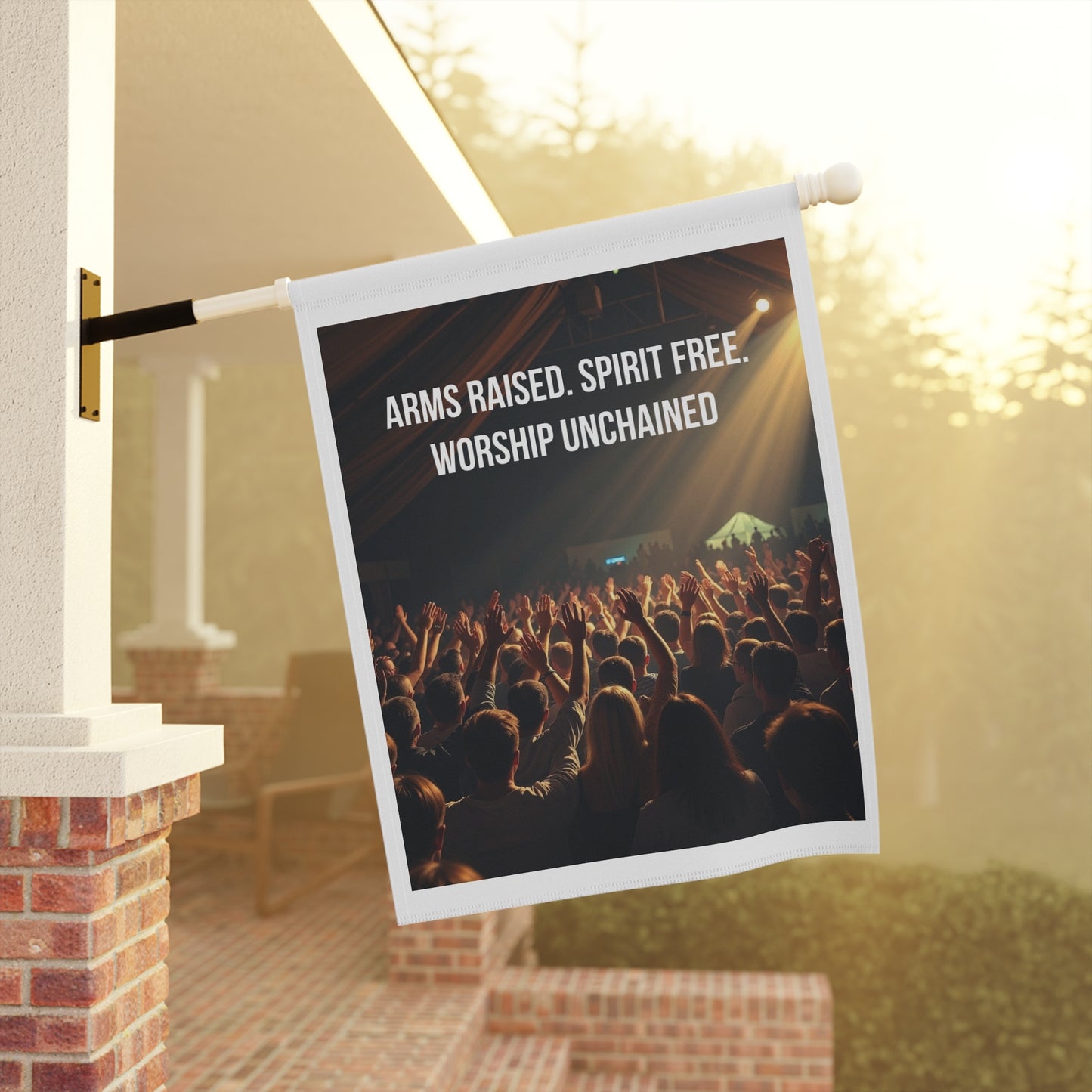 Garden Flag — "Arms Raised. Spirit Free. Worship Unchained" Concert Crowd Religious Banner