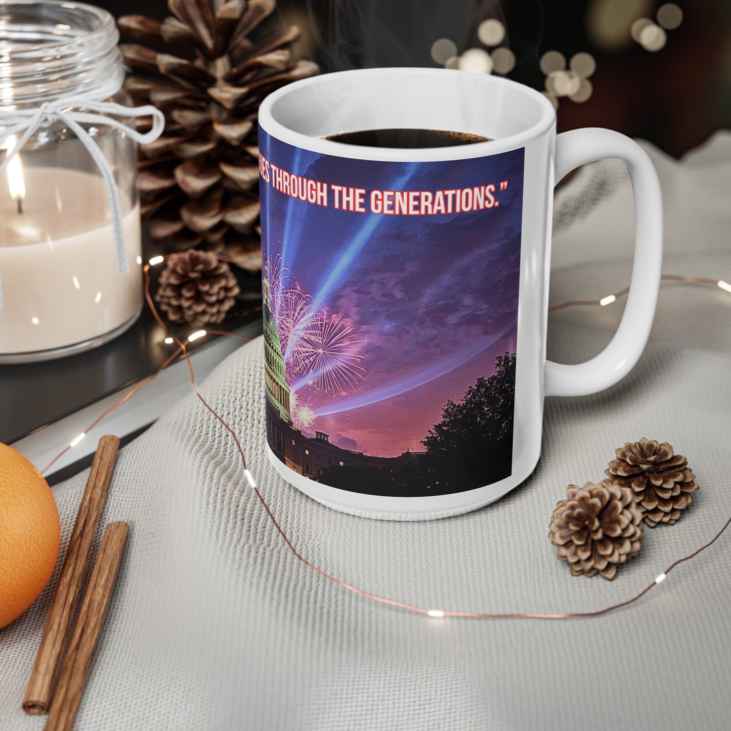 Ceramic Mug — Washington Capitol with Fireworks & Quote “Where Freedom’s Voice Echoes Through the Stars” (11oz / 15oz)