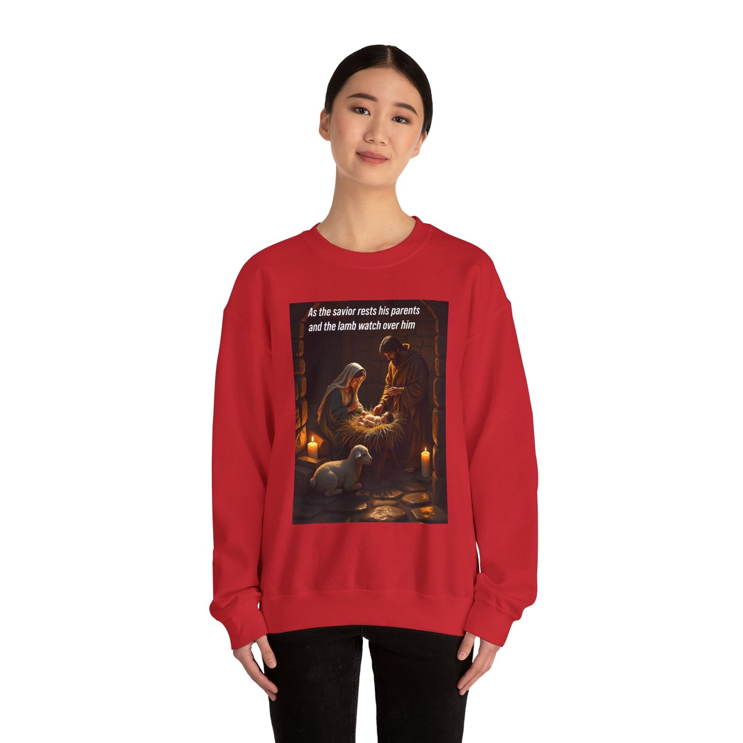 Mary, Joesph and Lamb watching over Jesus