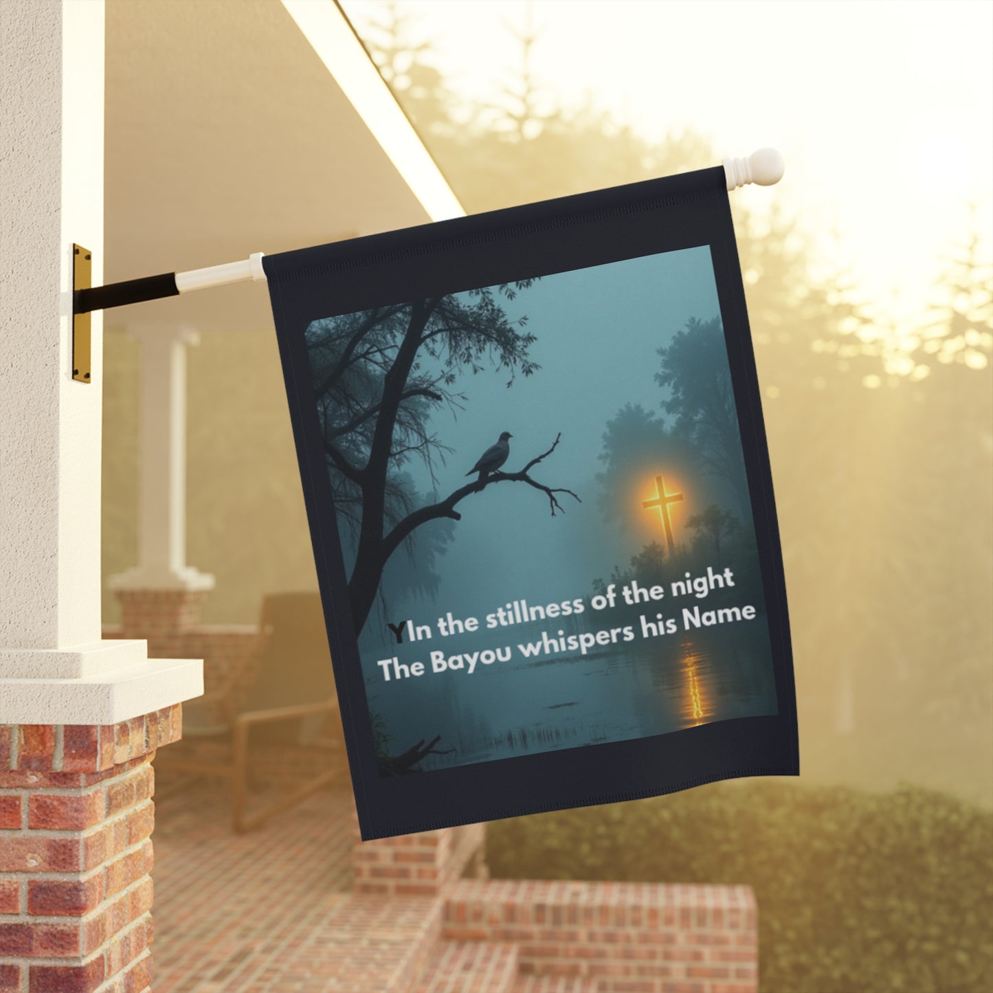 Garden Flag – Bayou Night Scene with Cross & Quote: "In the stillness of the night The Bayou whispers his Name"