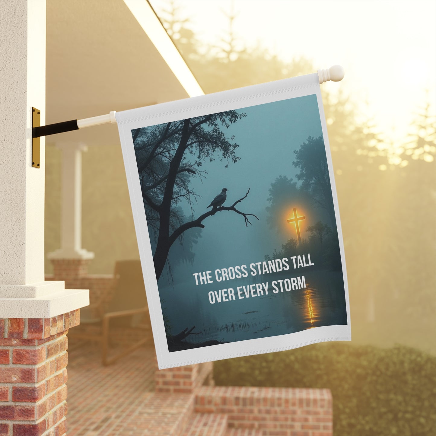 Faith Garden Flag — "The Cross Stands Tall Over Every Storm" Religious Outdoor Banner