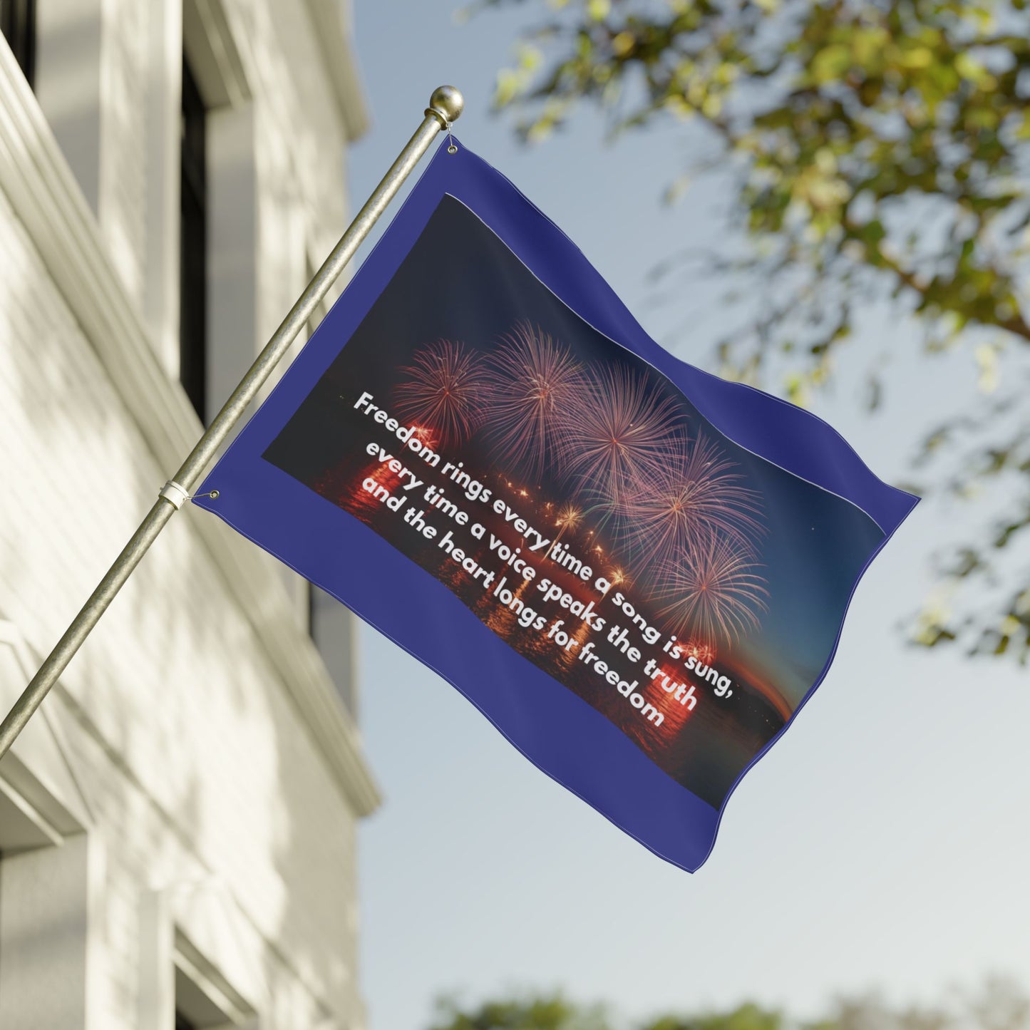 Patriotic Fireworks Flag — "Freedom rings every time a song is sung" Double-Sided Garden Flag