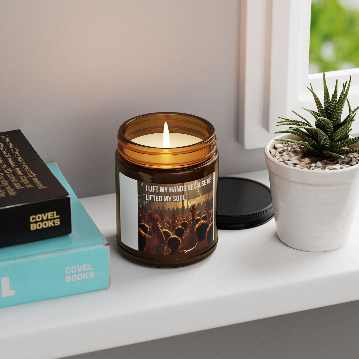 Inspirational Worship Soy Candle — “I Lift My Hands Because He Lifted My Soul” (Amber Jar)