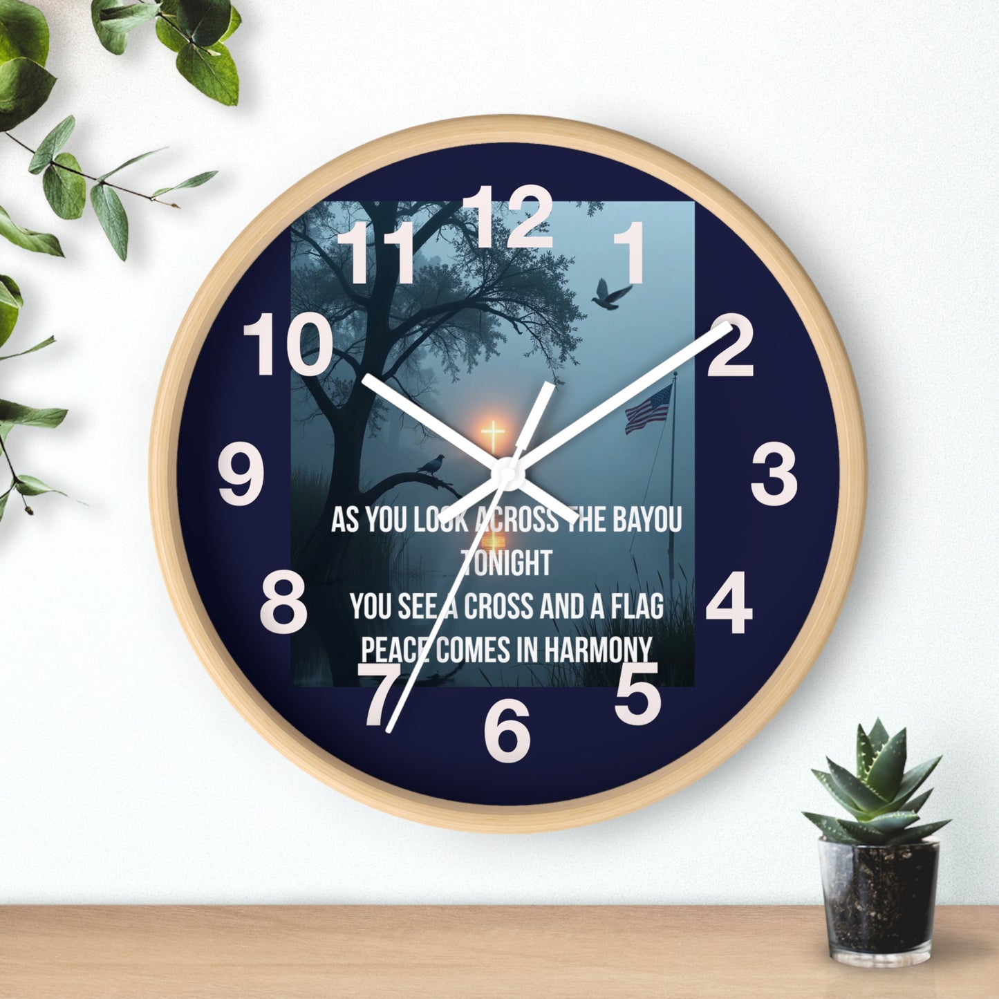 Bayou Cross & Flag Wall Clock — Patriotic Peaceful Sunset Decor