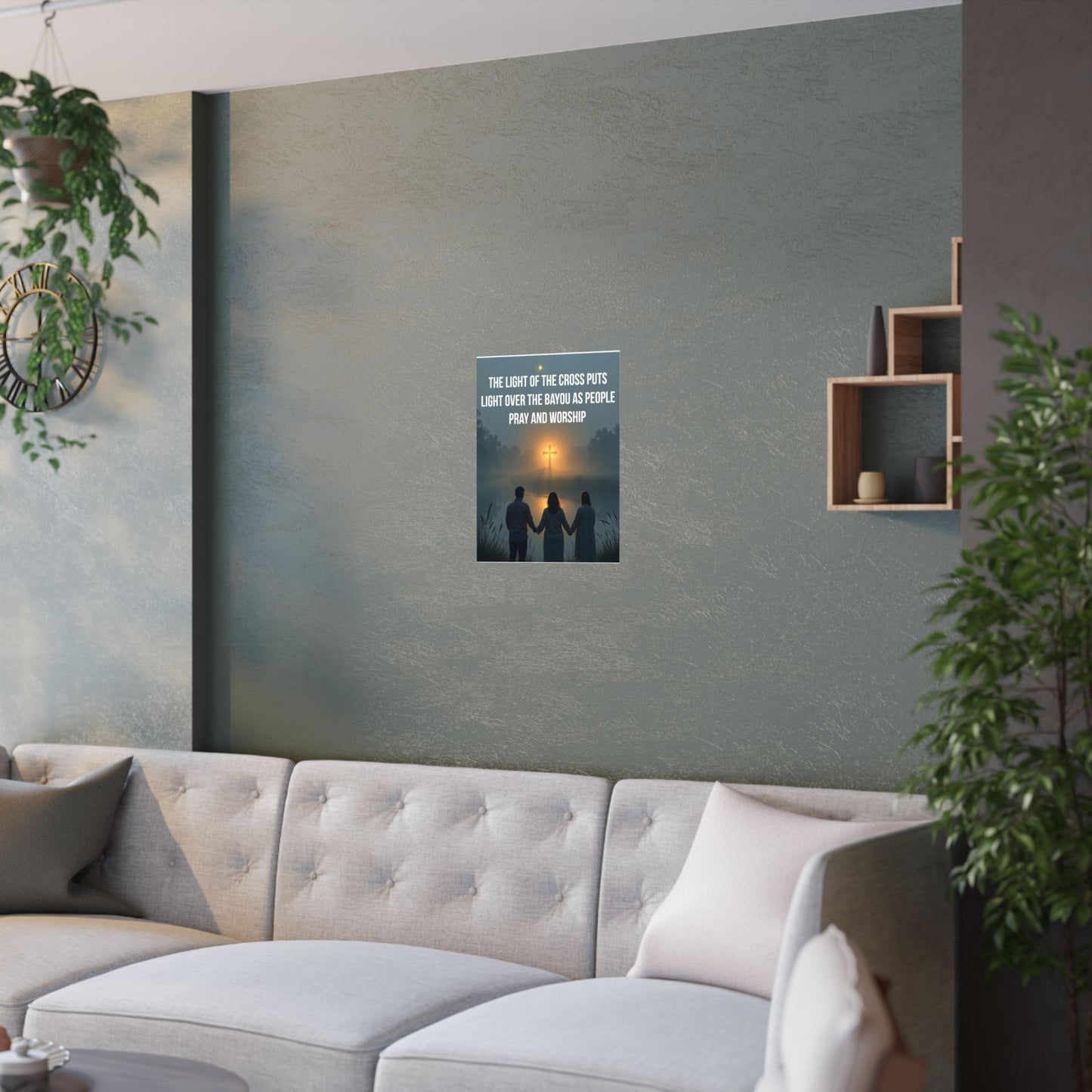 Satin Poster — “Light Over the Bayou as People Pray and Worship” (Christian Inspirational Wall Art)