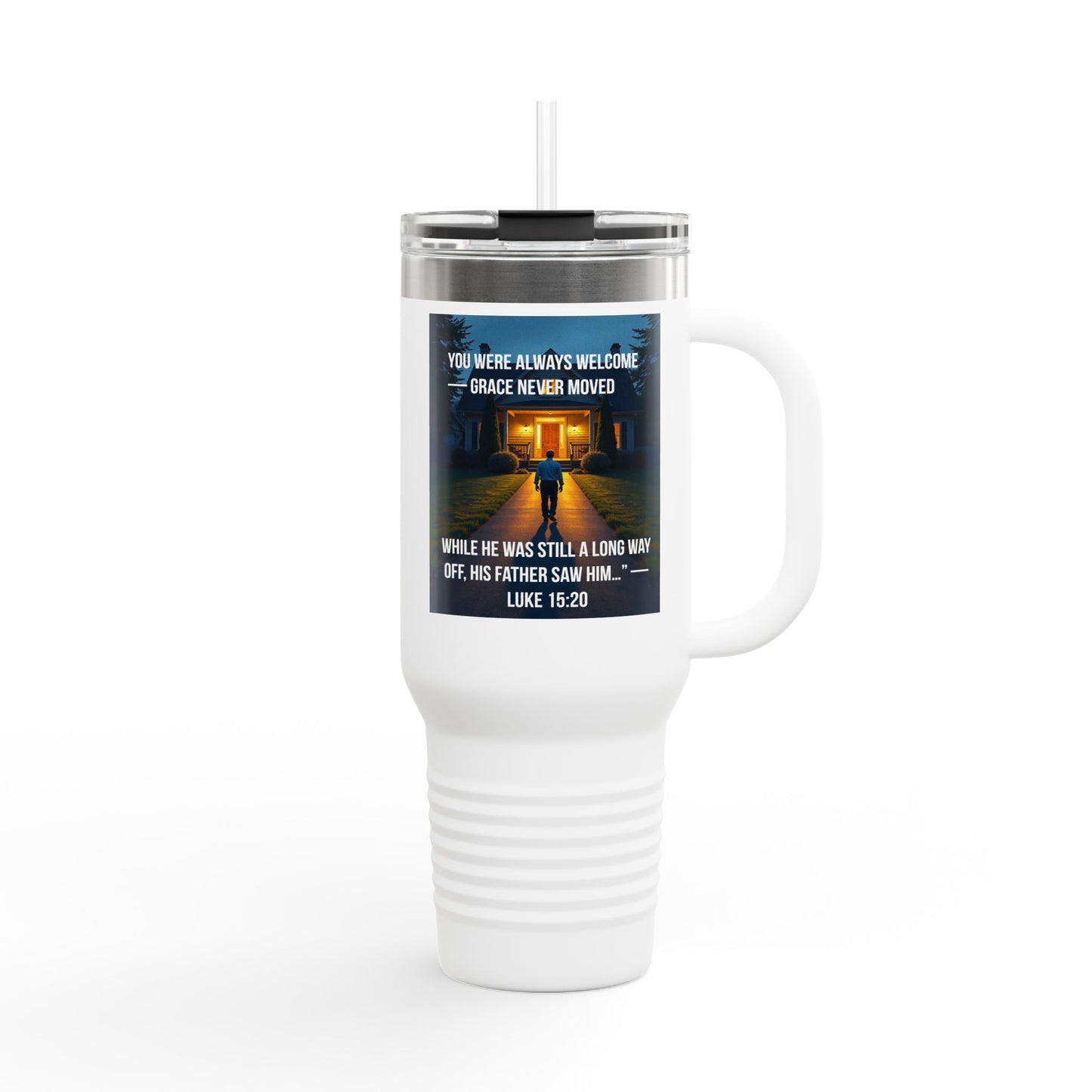 40oz Insulated Travel Mug – Faith Quote Luke 15:20 ‘Grace Never Moved’