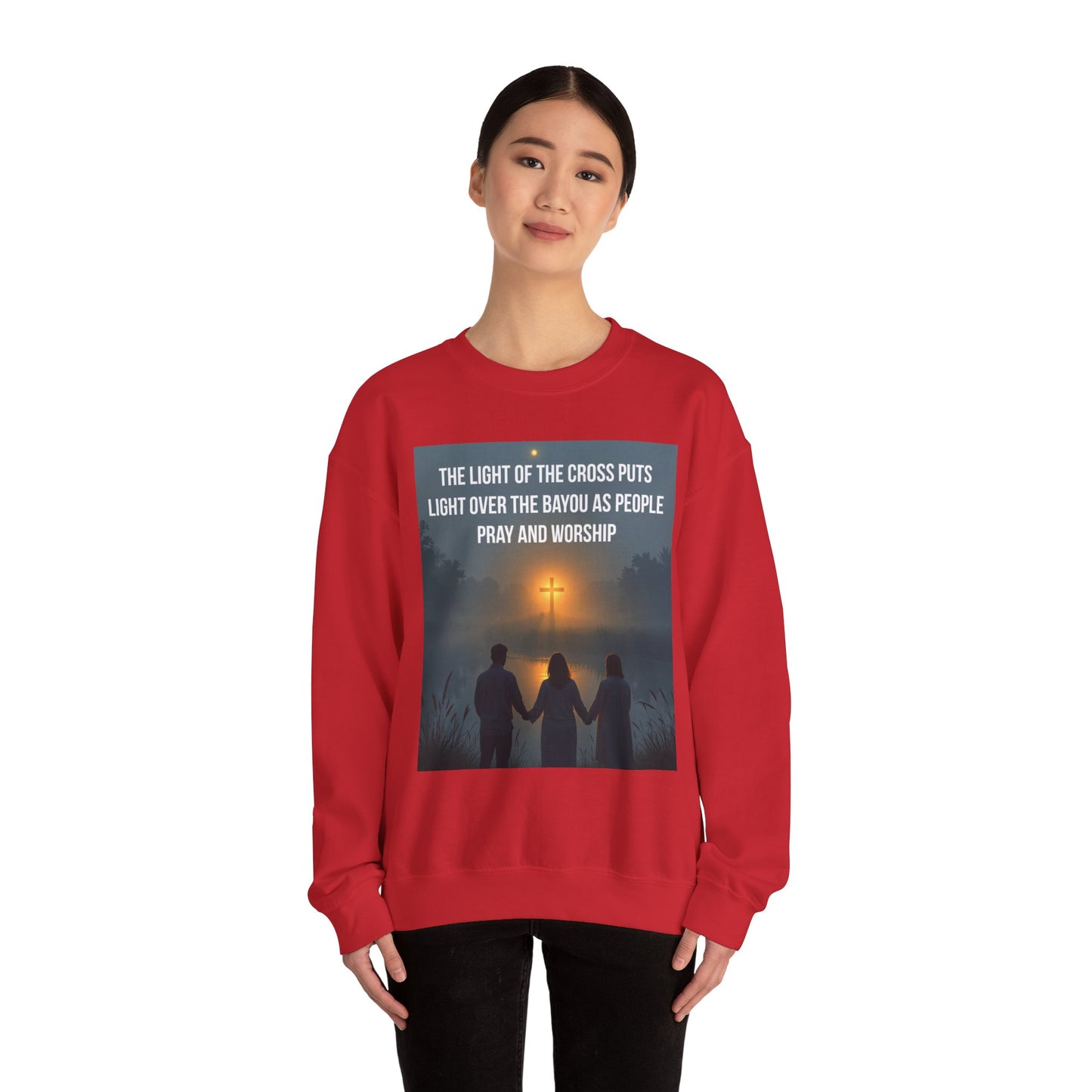 Christian Crewneck Sweatshirt — "The Light of the Cross Puts Light Over the Bayou" Graphic