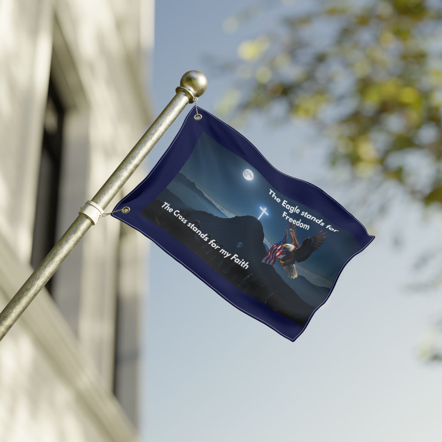 Christian Eagle Flag – “The Eagle stands for Freedom / The Cross stands for my Faith” Double-Sided Outdoor Flag