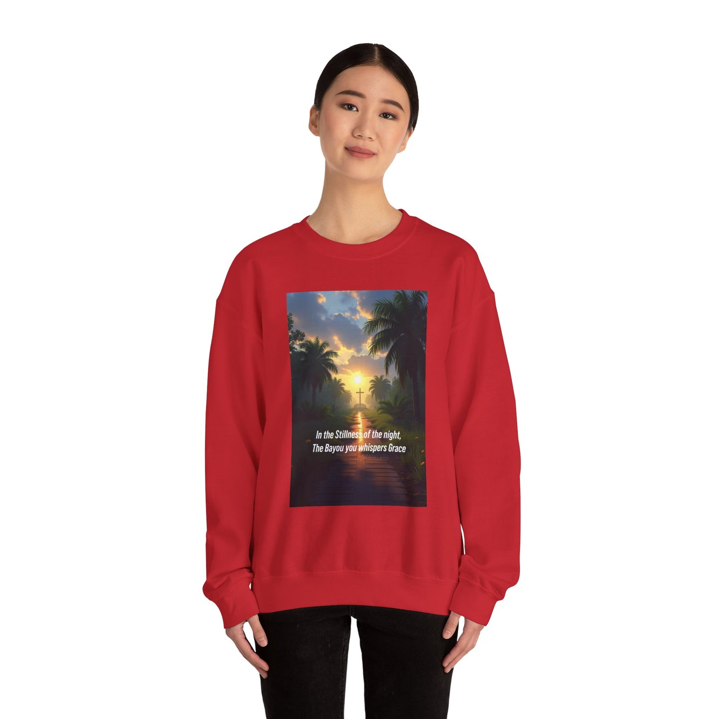 Sunset Palm Cross Sweatshirt — 'In the stillness of the night, The Bayou you whisper Grace'