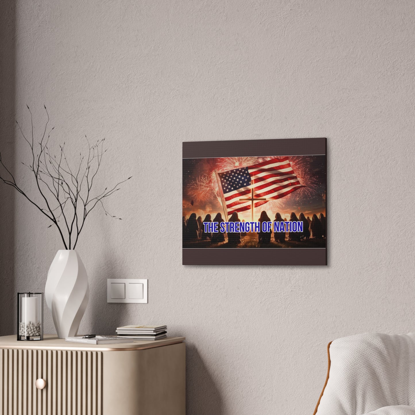 Patriotic Canvas Wall Art – “The Strength of Nation” American Flag with Fireworks