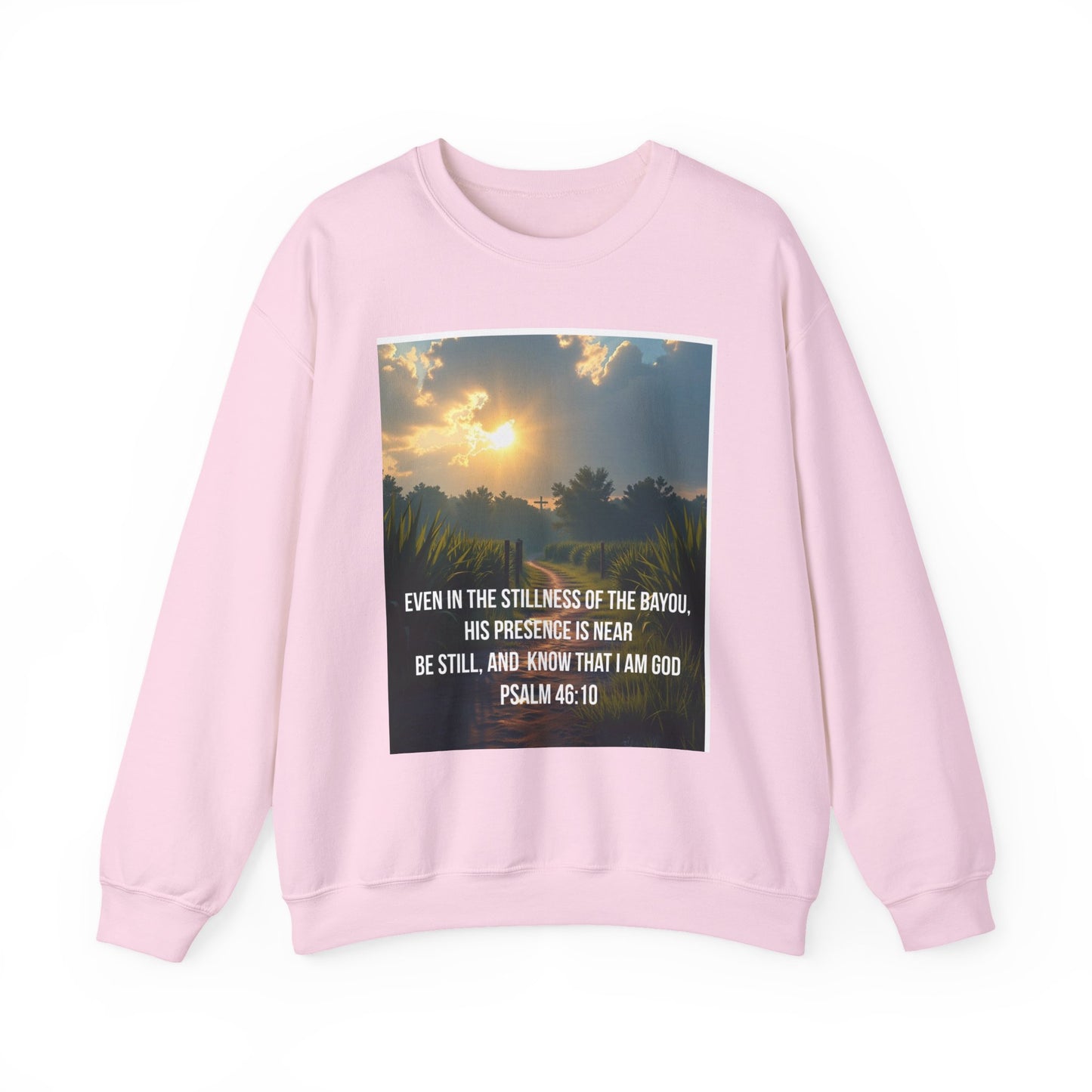 Psalm 46:10 Bayou Sunset Crewneck Sweatshirt — "Be Still and Know" Christian Sweatshirt