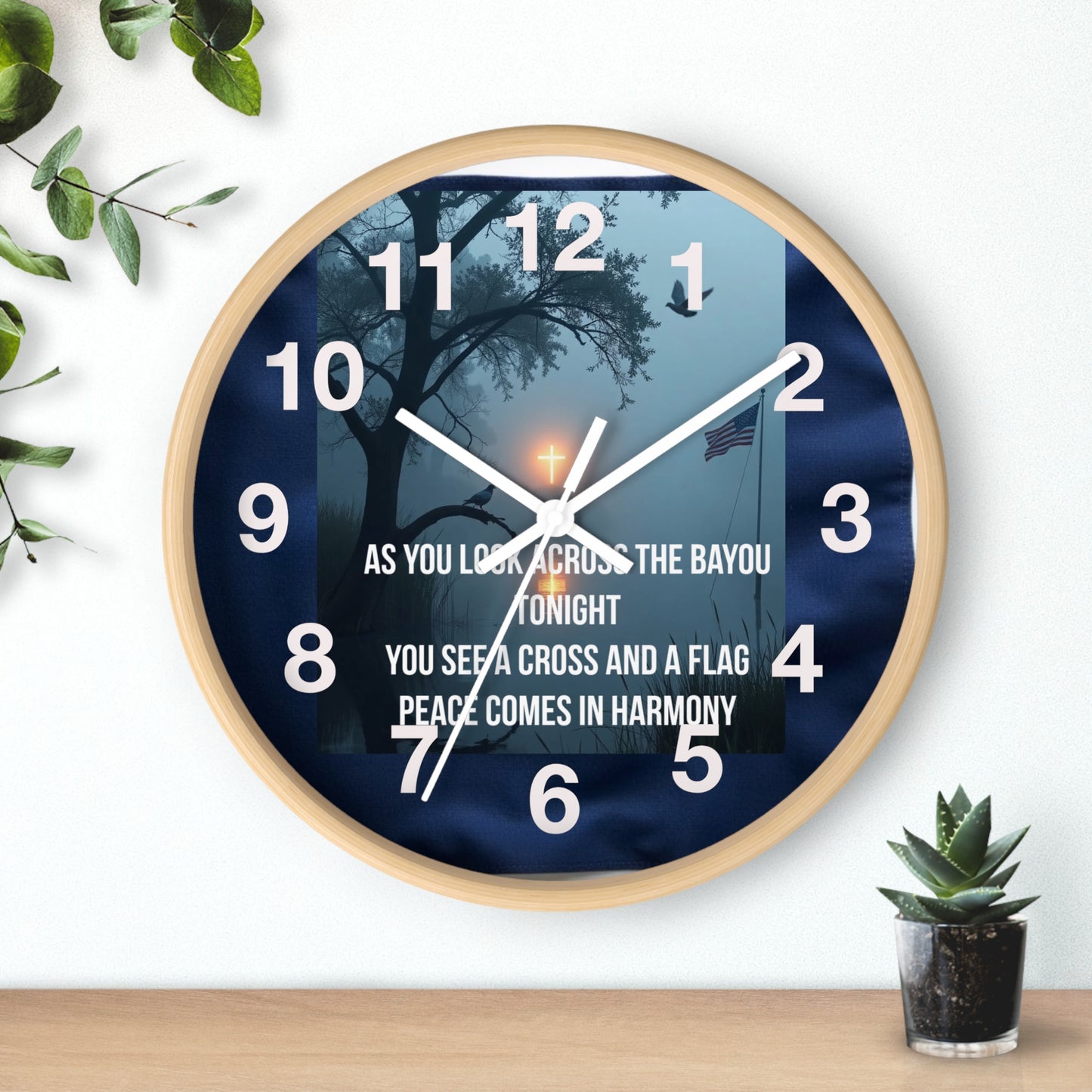 Bayou Cross & Flag Wall Clock — Patriotic Peaceful Scene with Lyrics