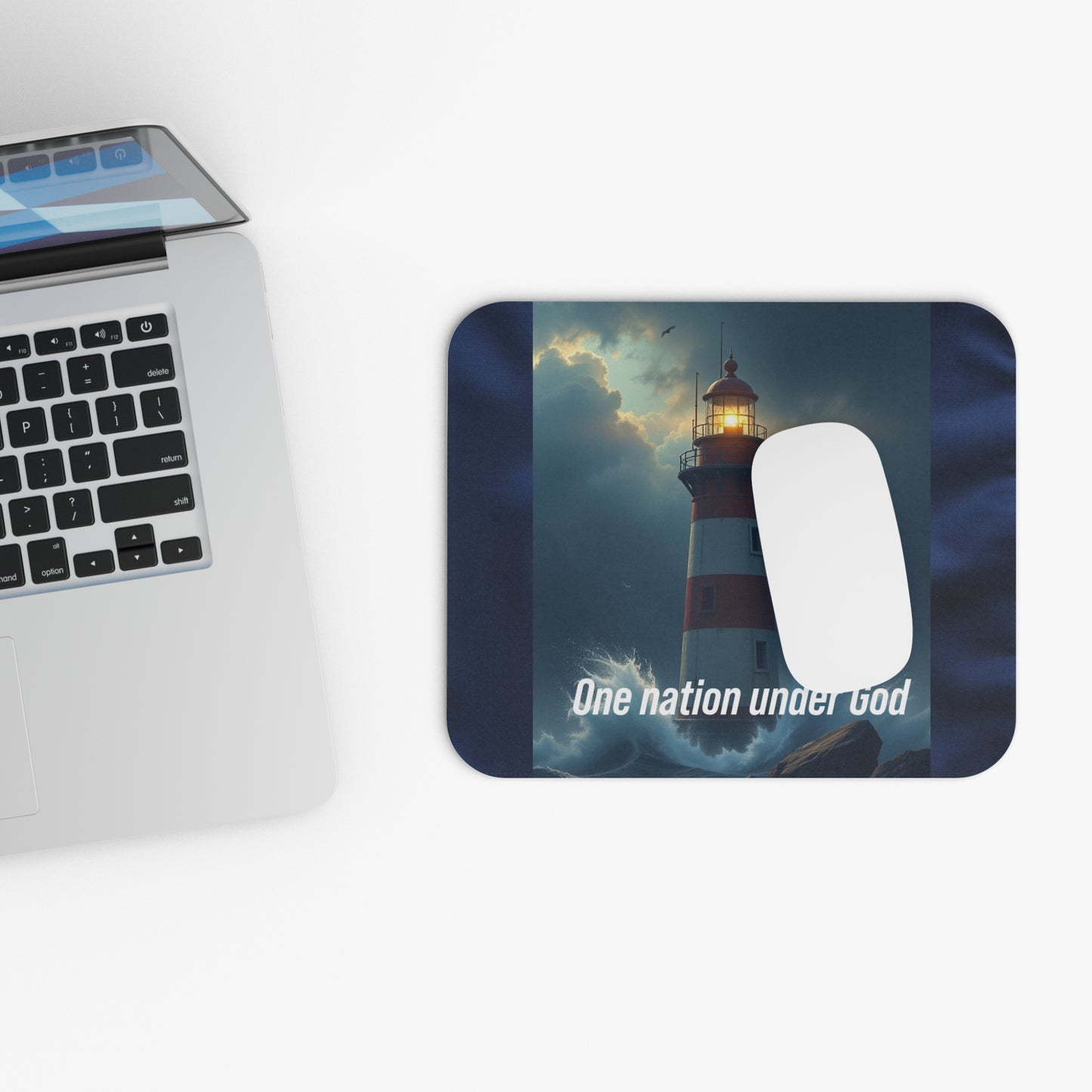 Lighthouse 'One Nation Under God' Rectangle Mouse Pad — Patriotic Coastal Desk Mat