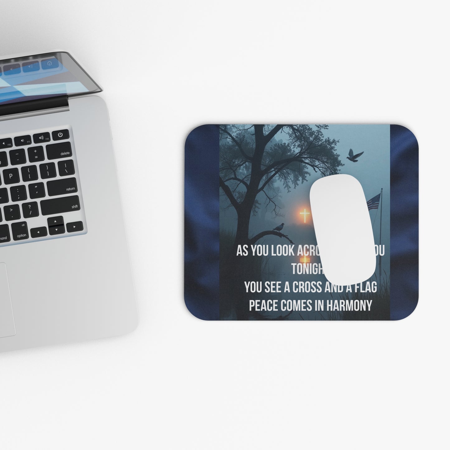 Bayou Cross & Flag Mouse Pad — 'As You Look Across the Bayou Tonight' Inspirational Desk Mat