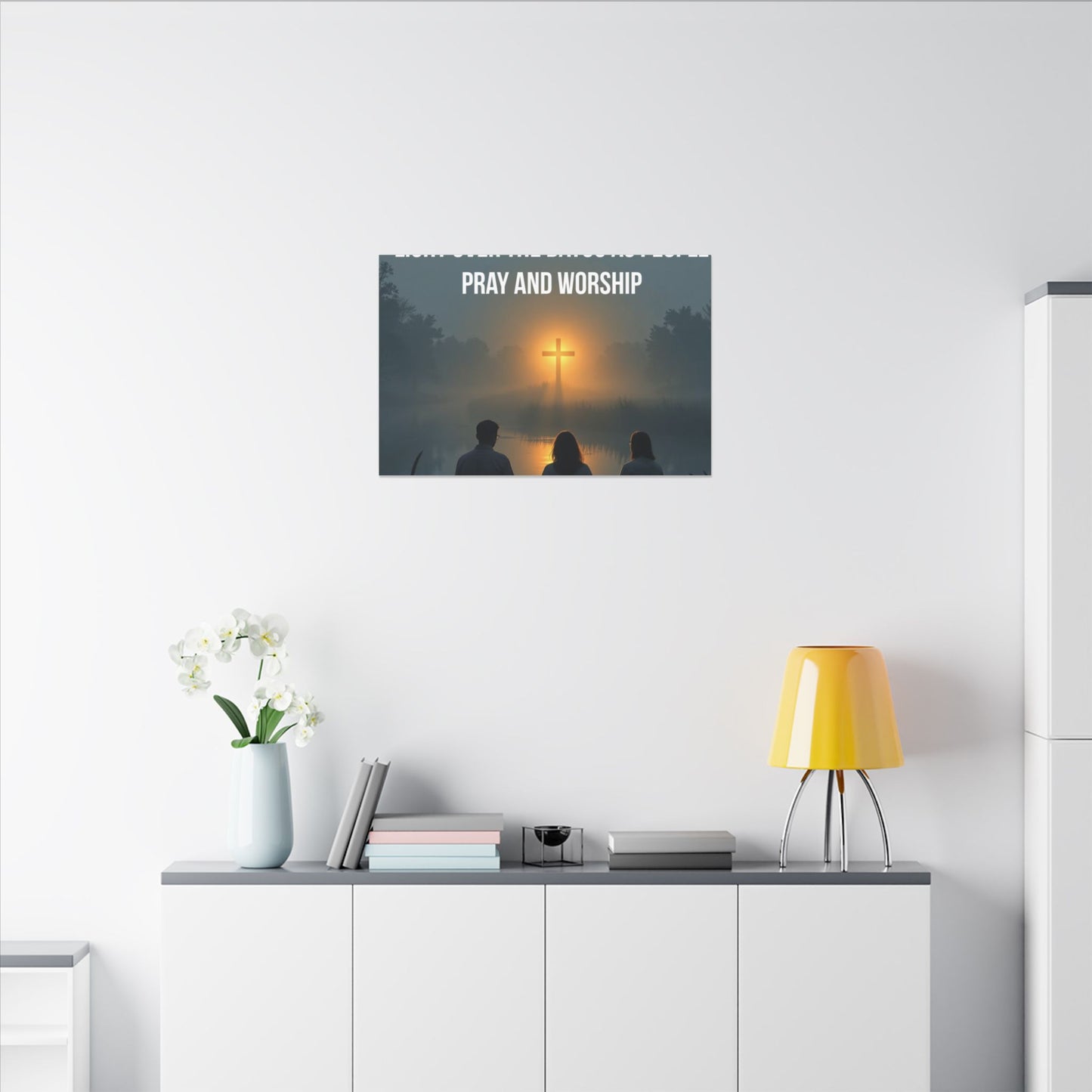 Faith Wall Art Canvas — “The Light of the Cross Puts Light Over the Bayou as People Pray and Worship”