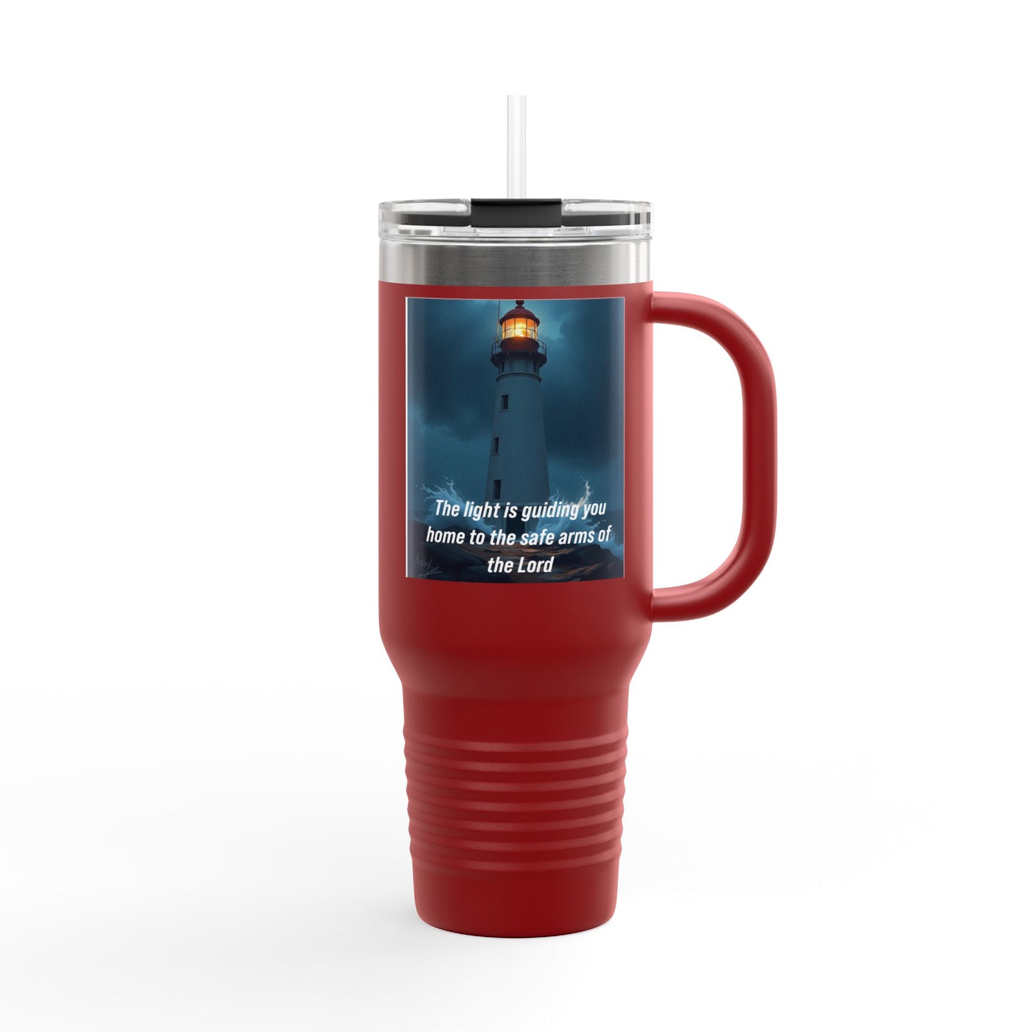 40oz Insulated Travel Mug – Lighthouse 'The light is guiding you home to the safe arms of the Lord'