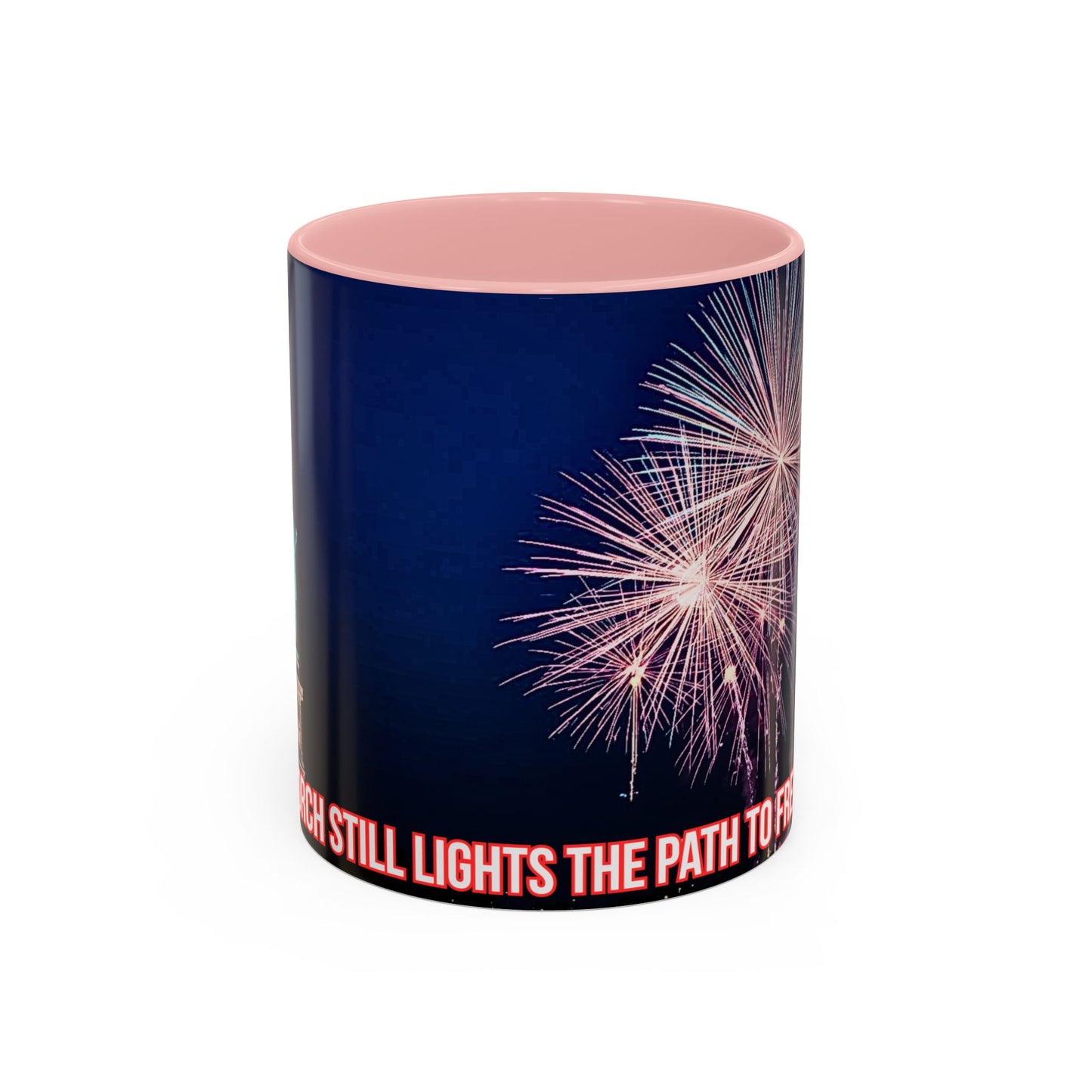 Fireworks Accent Coffee Mug — Inspirational "Lights the Path to Freedom" Design