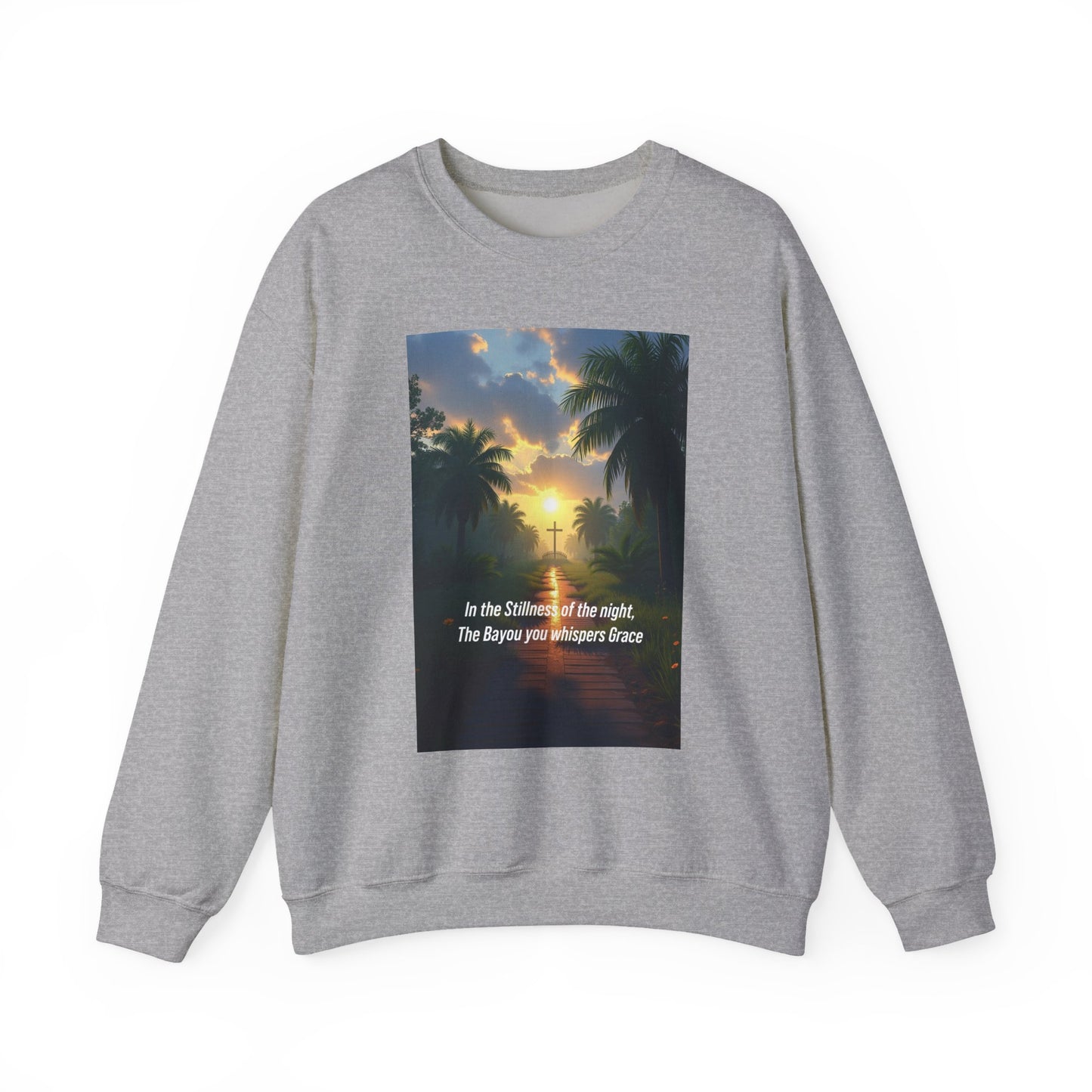 Sunset Palm Cross Sweatshirt — 'In the stillness of the night, The Bayou you whisper Grace'