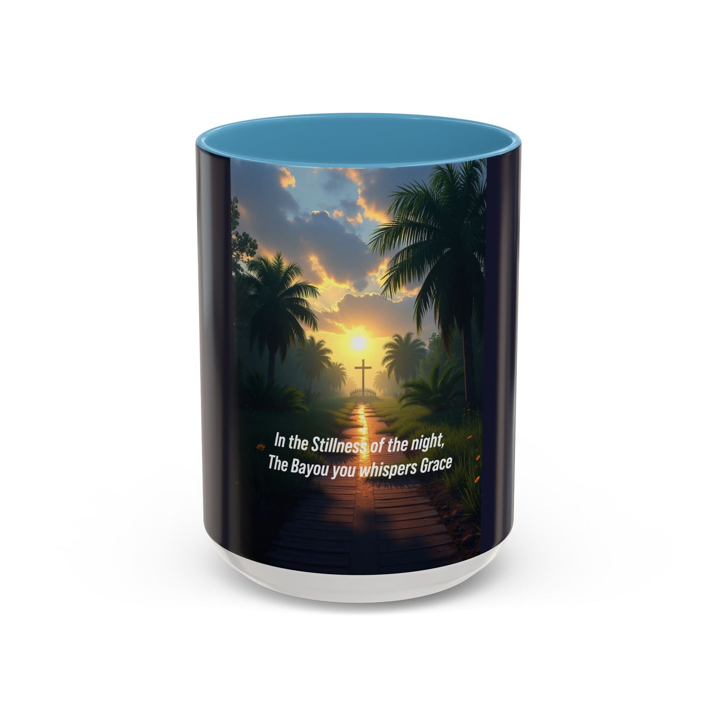 Accent Coffee Mug — Tranquil Bayou Sunset Mug with Cross & Inspirational Quote