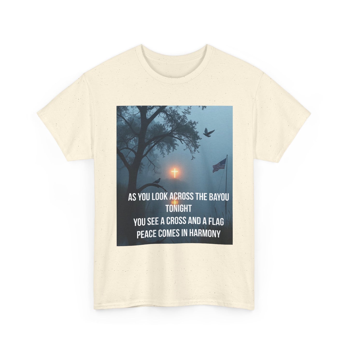 T‑Shirt — Bayou Cross & Flag Scene with Lyrics: “As You Look Across the Bayou Tonight”