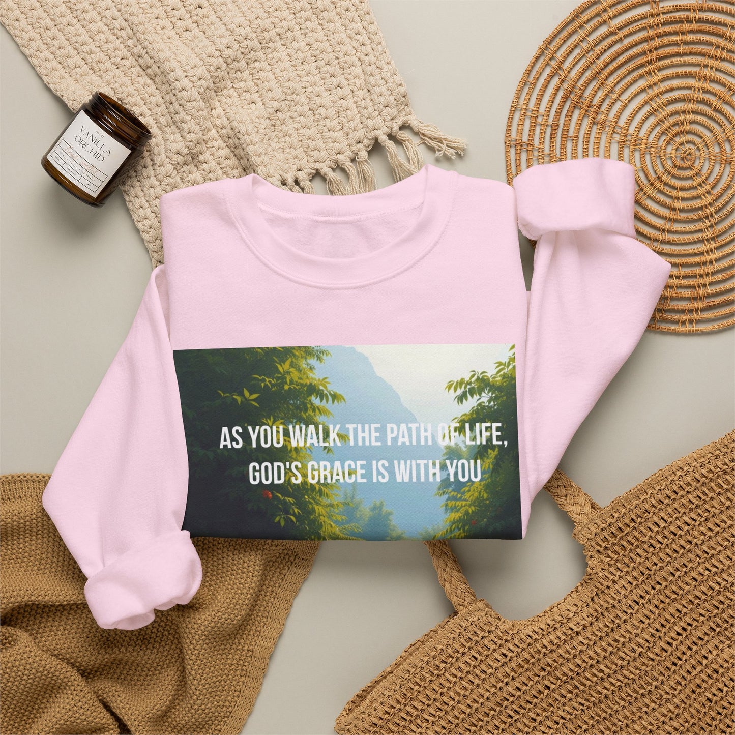 Crewneck Sweatshirt — "As You Walk the Path of Life, God’s Grace Is With You" Inspirational Christian Sweatshirt