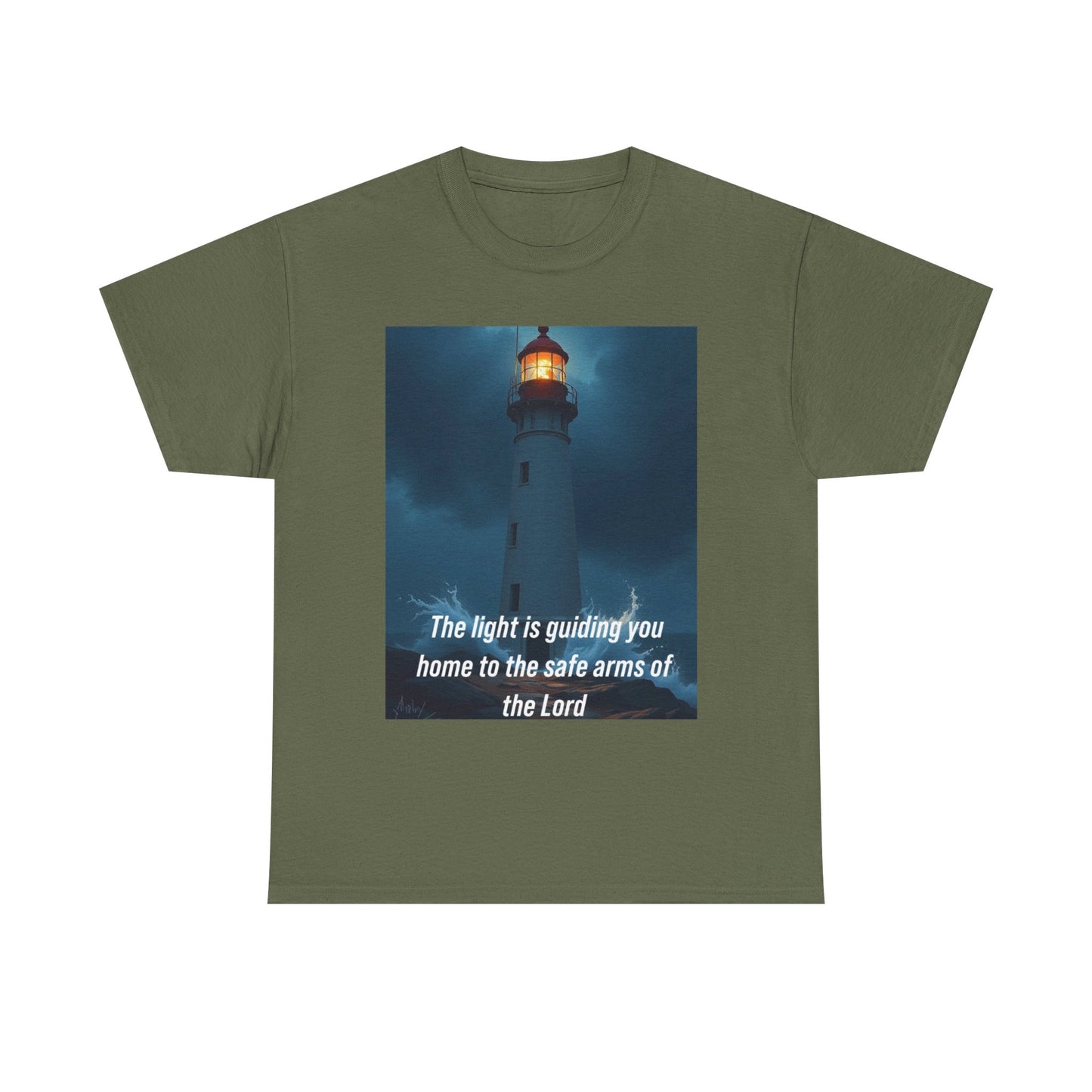 Christian Lighthouse T-Shirt — "The light is guiding you home to the safe arms of the Lord"