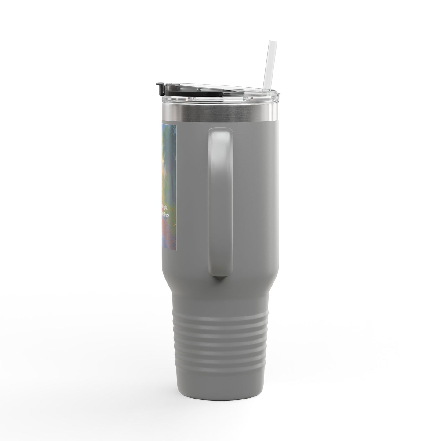 40oz Insulated Travel Mug — Tropical Sunset Design with Inspirational Quote