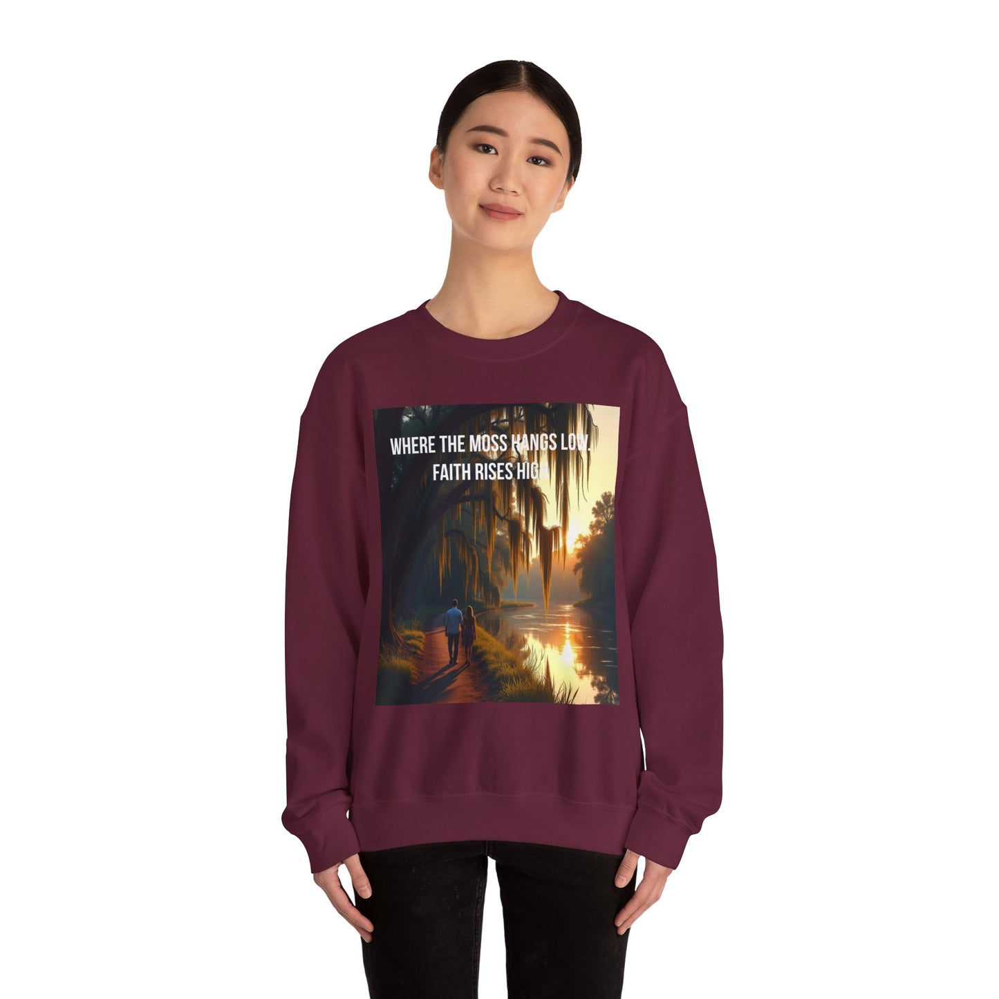 Inspirational Southern Bayou Sweatshirt — "Where the Moss Hangs Low, Faith Rises High"
