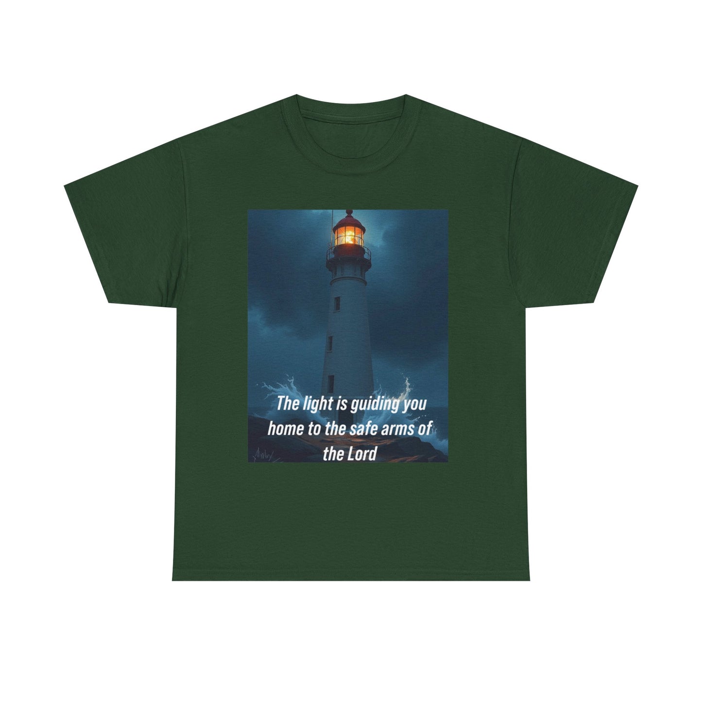 Christian Lighthouse T-Shirt — "The light is guiding you home to the safe arms of the Lord"