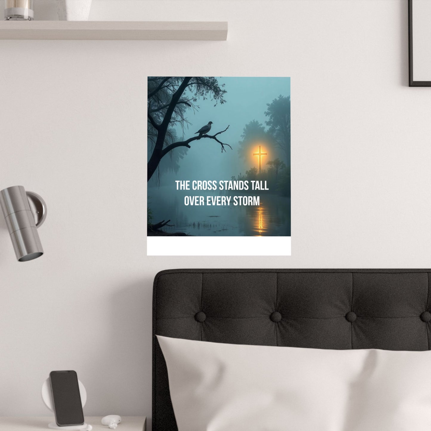 Satin Poster — "The Cross Stands Tall Over Every Storm" Inspirational Christian Wall Art