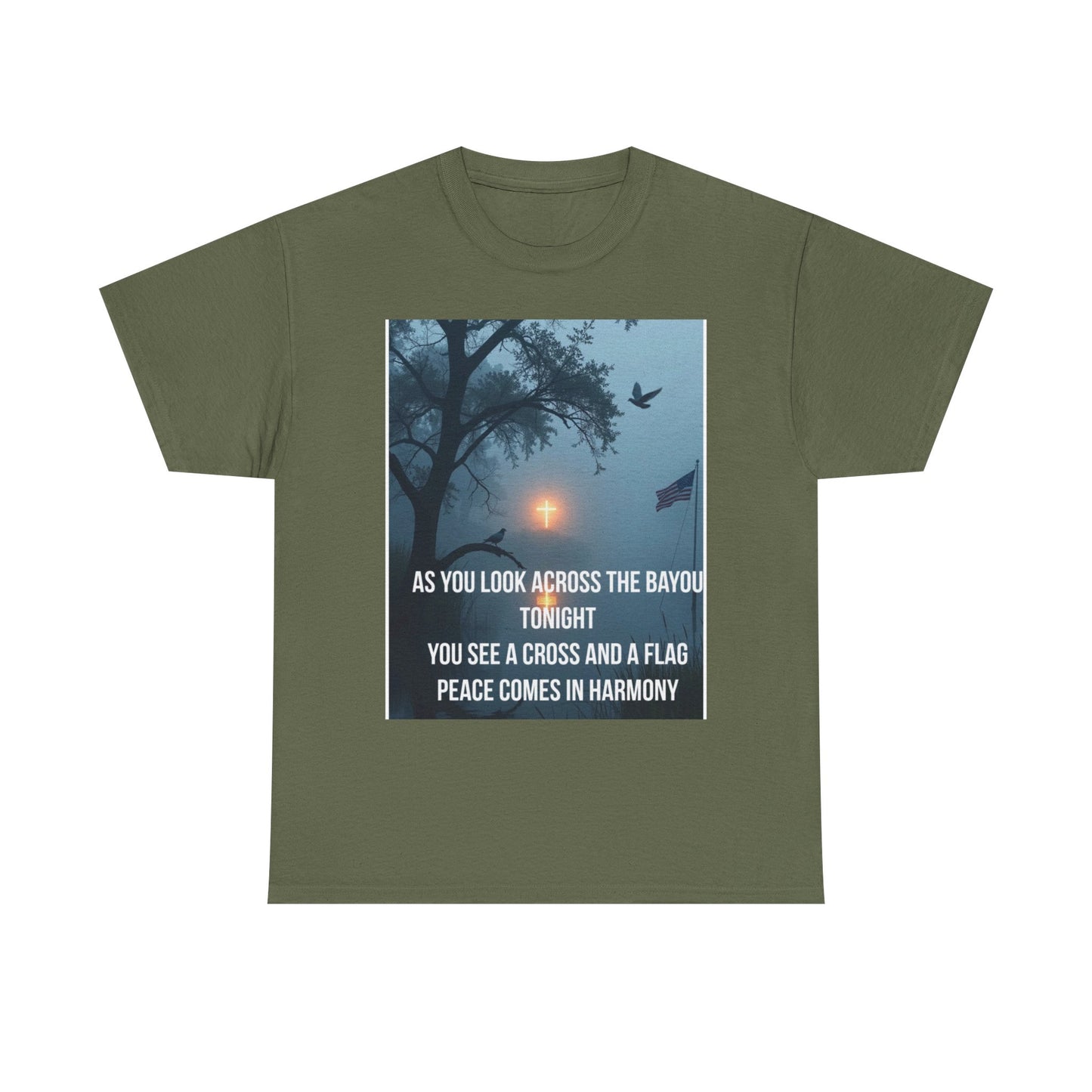 T-Shirt — Bayou Sunset Cross & Flag Graphic Tee ("As You Look Across the Bayou Tonight")