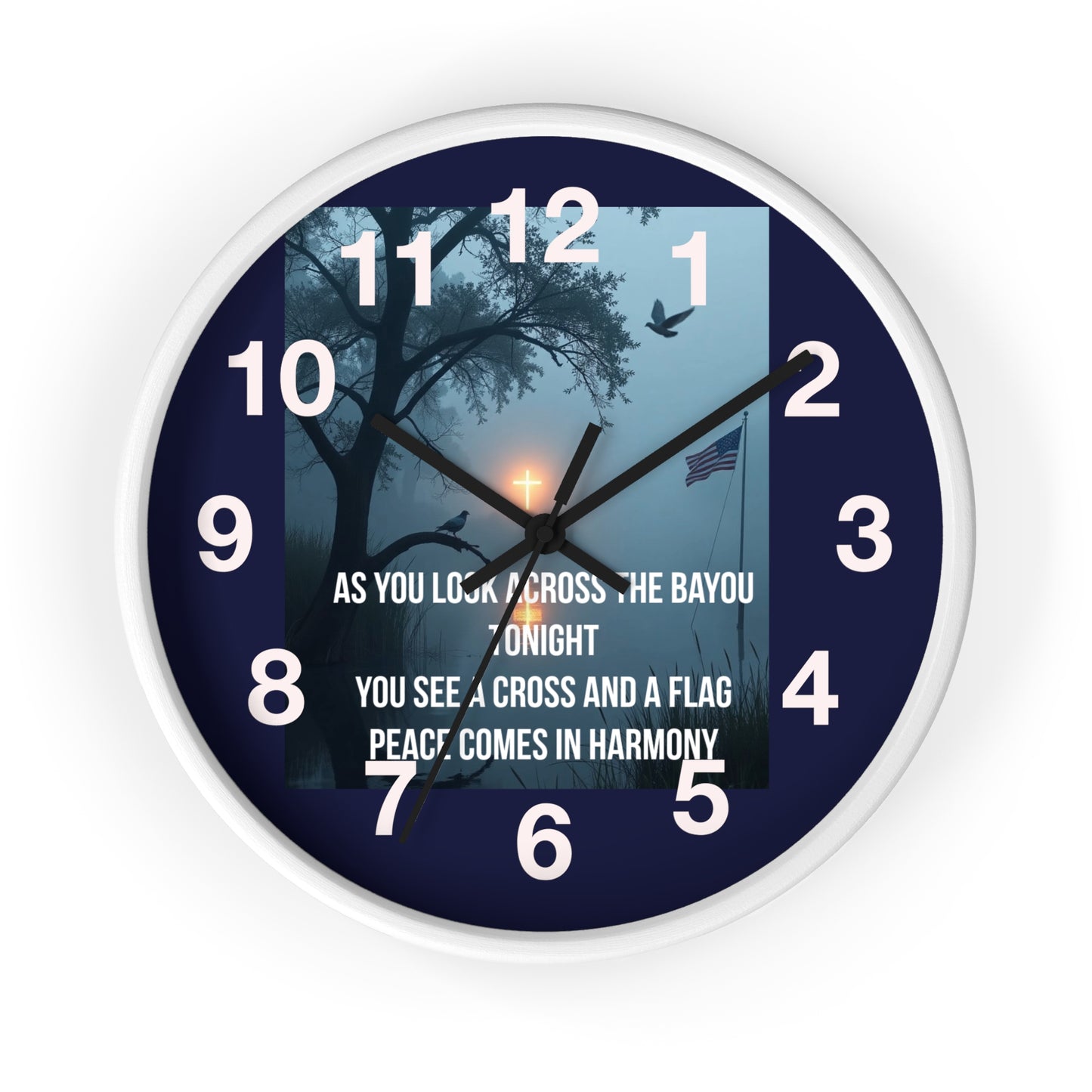Bayou Cross & Flag Wall Clock — Patriotic Peaceful Sunset Decor