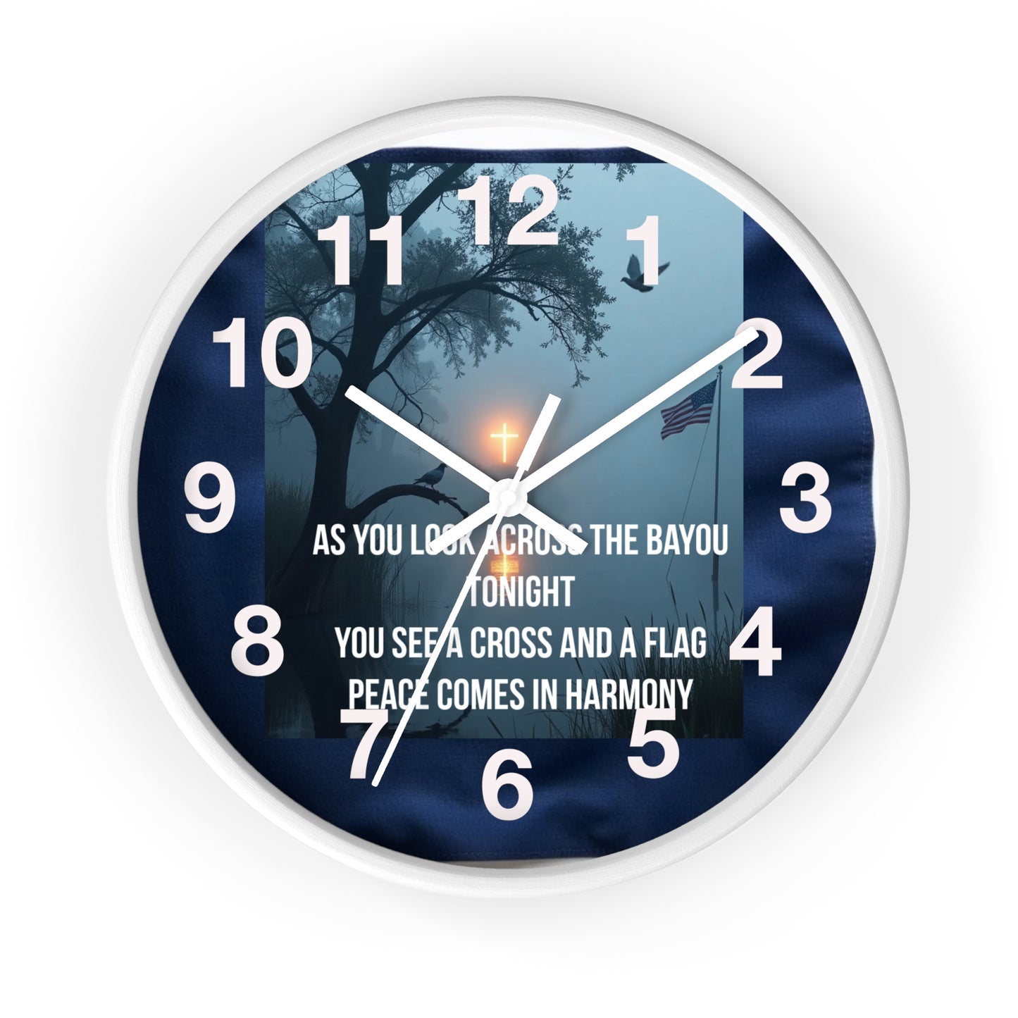 Bayou Cross & Flag Wall Clock — Patriotic Peaceful Scene with Lyrics