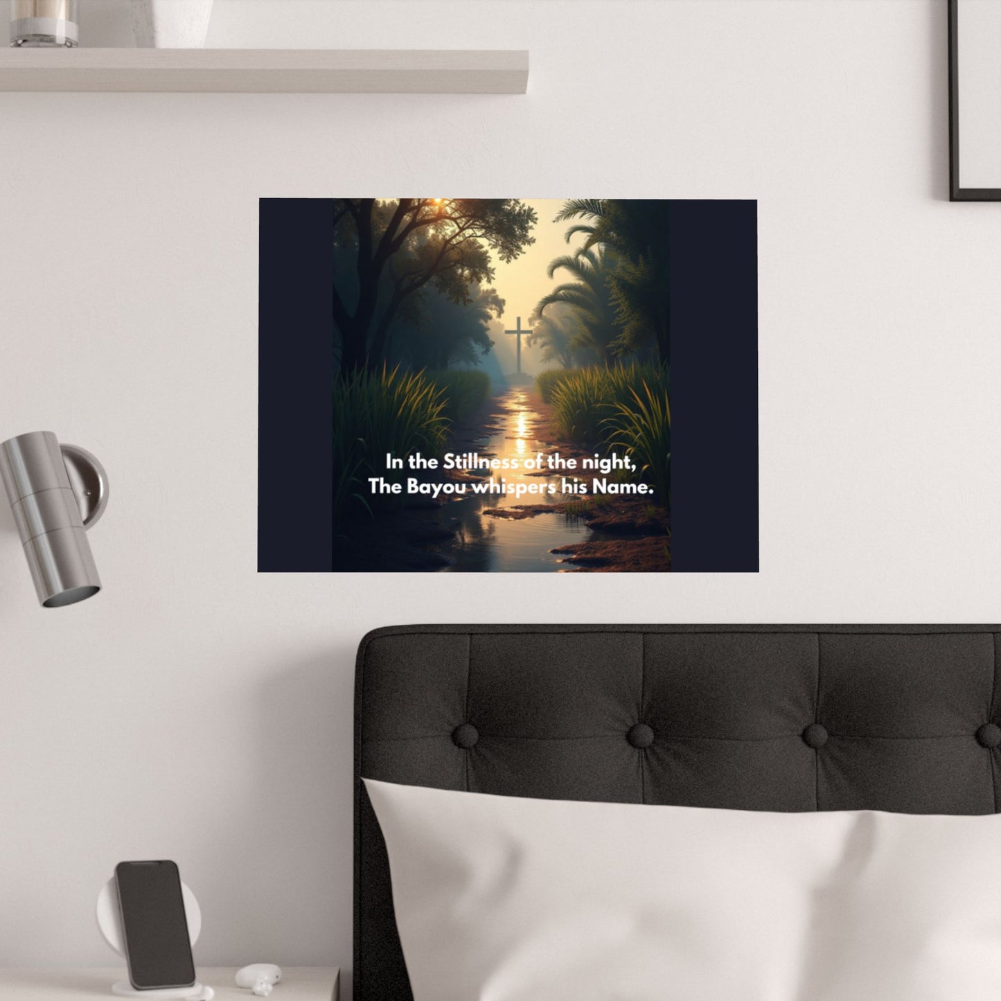 Bayou Cross Satin Poster — "In the Stillness of the Night, The Bayou Whispers His Name"