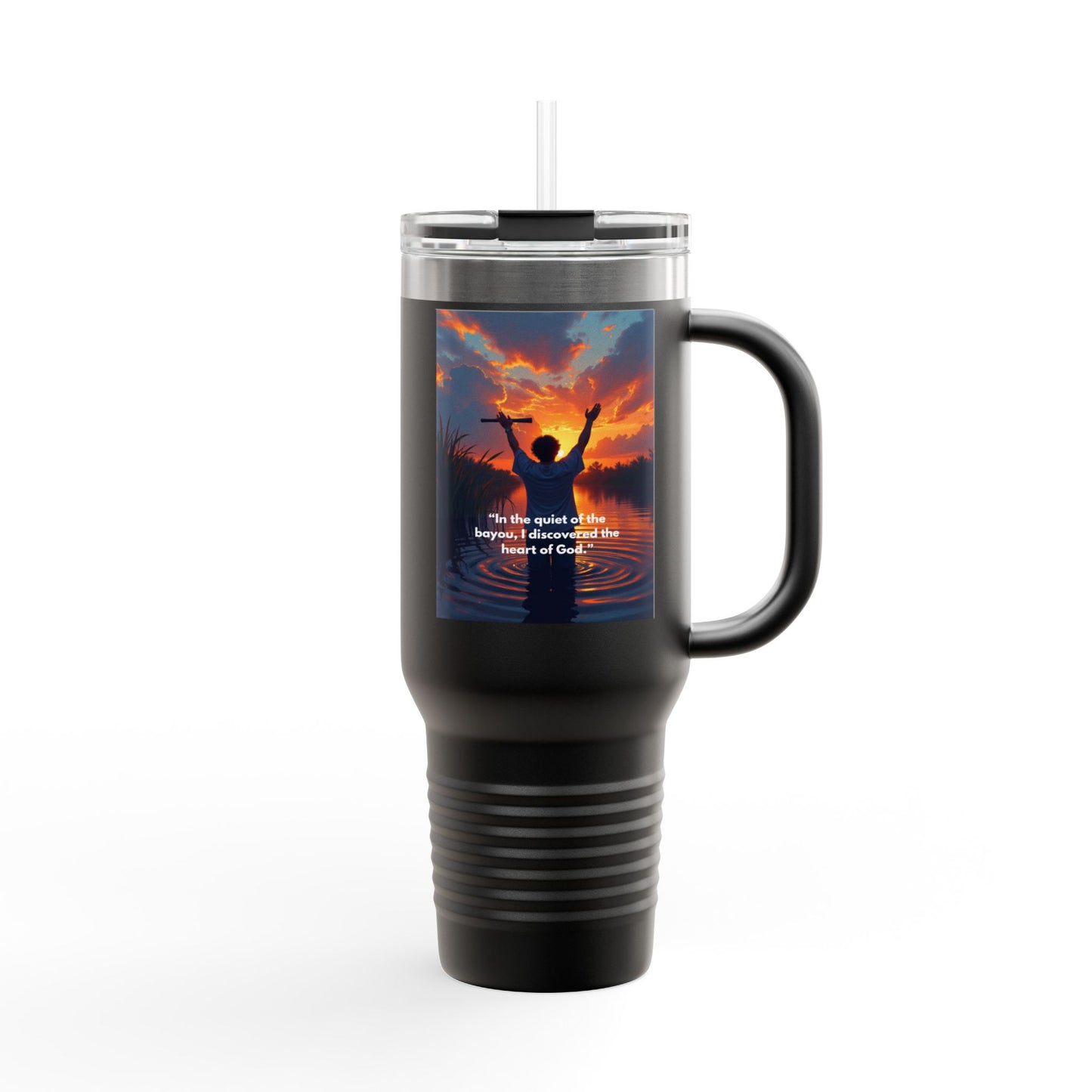 40oz Insulated Travel Mug — Christian Sunrise Design with Scripture Quote
