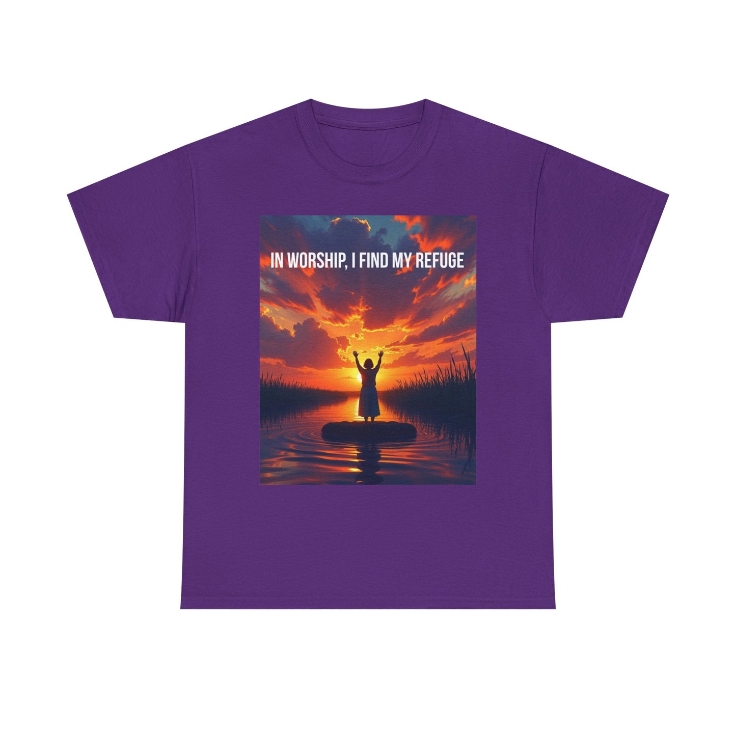 Worship Refuge T-Shirt — "In Worship, I Find My Refuge" Sunset Silhouette Christian Tee