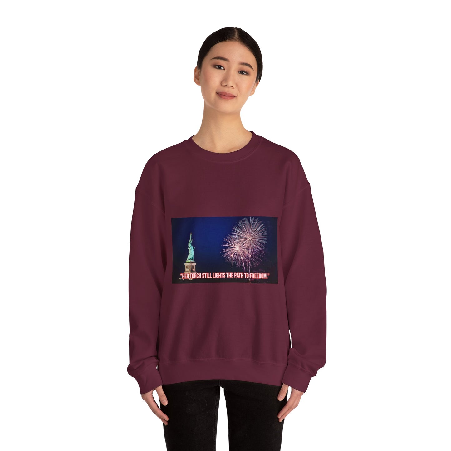 Liberty Night Crewneck Sweatshirt — Statue of Liberty Fireworks "Her Torch Still Lights the Path to Freedom"