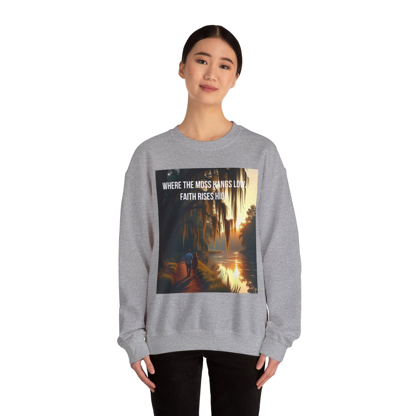 Inspirational Southern Bayou Sweatshirt — "Where the Moss Hangs Low, Faith Rises High"