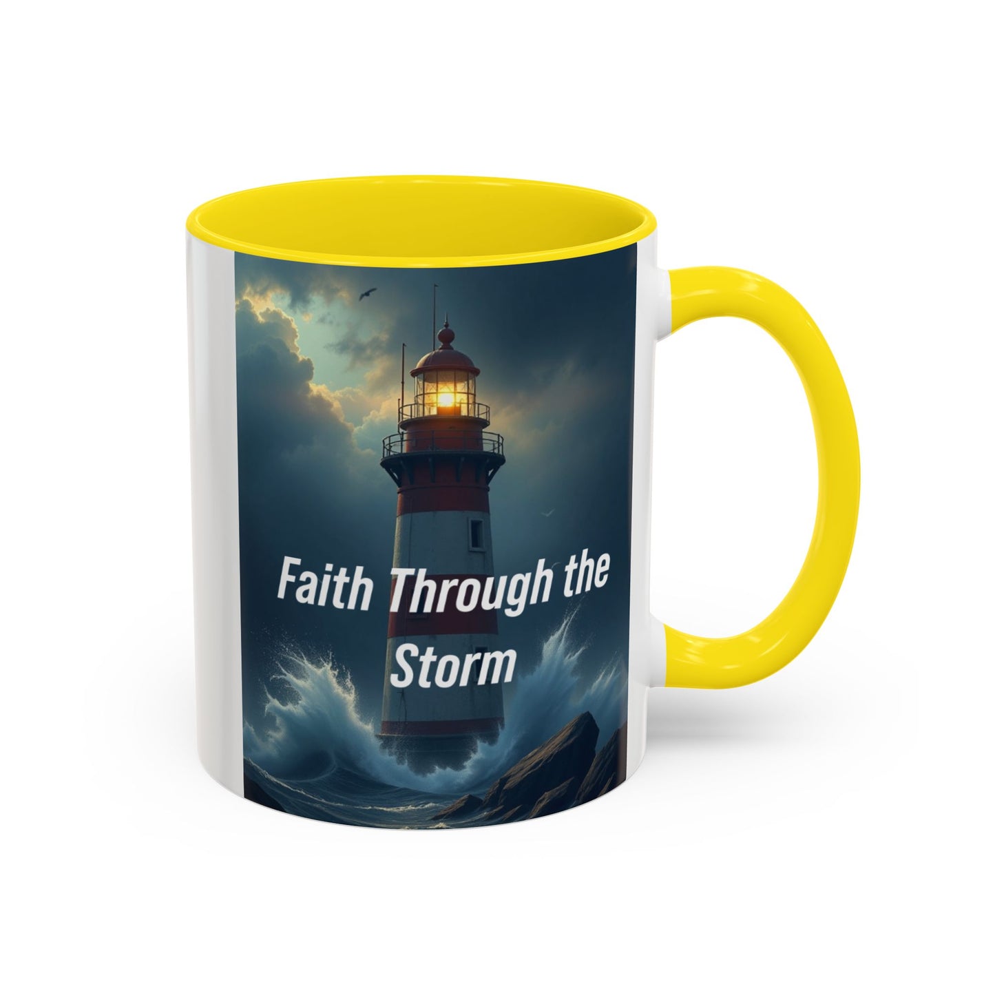 Faith Through the Storm Lighthouse Coffee Mug - Inspirational Ceramic Accent Mug