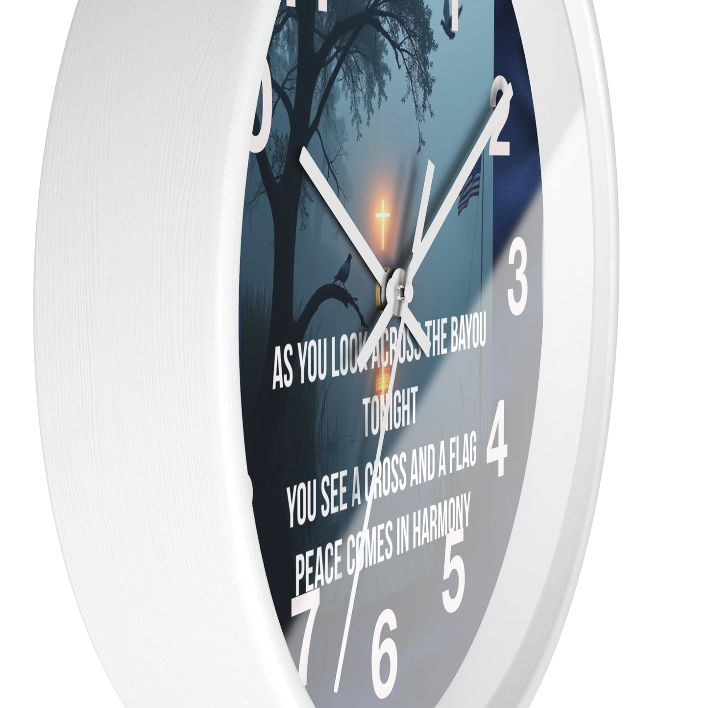 Bayou Cross & Flag Wall Clock — Patriotic Peaceful Scene with Lyrics