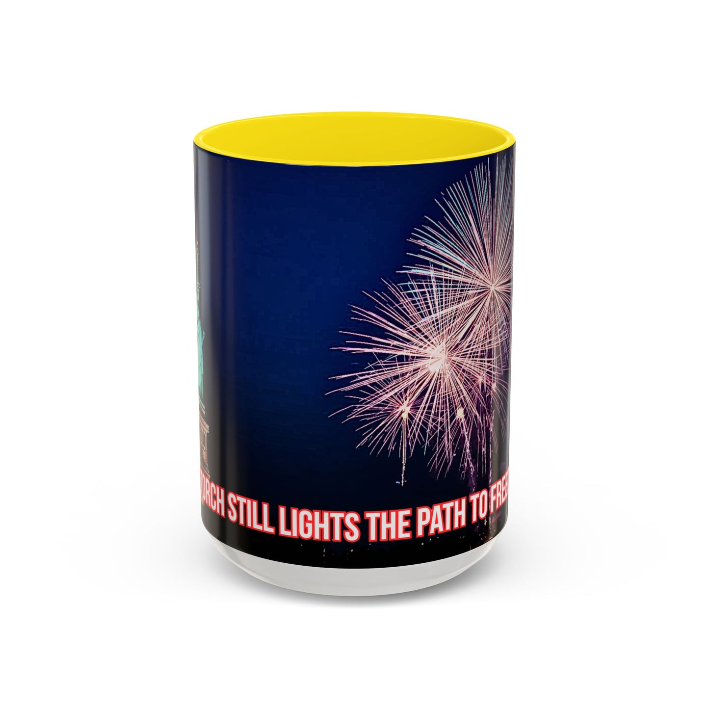 Fireworks Accent Coffee Mug — Inspirational "Lights the Path to Freedom" Design