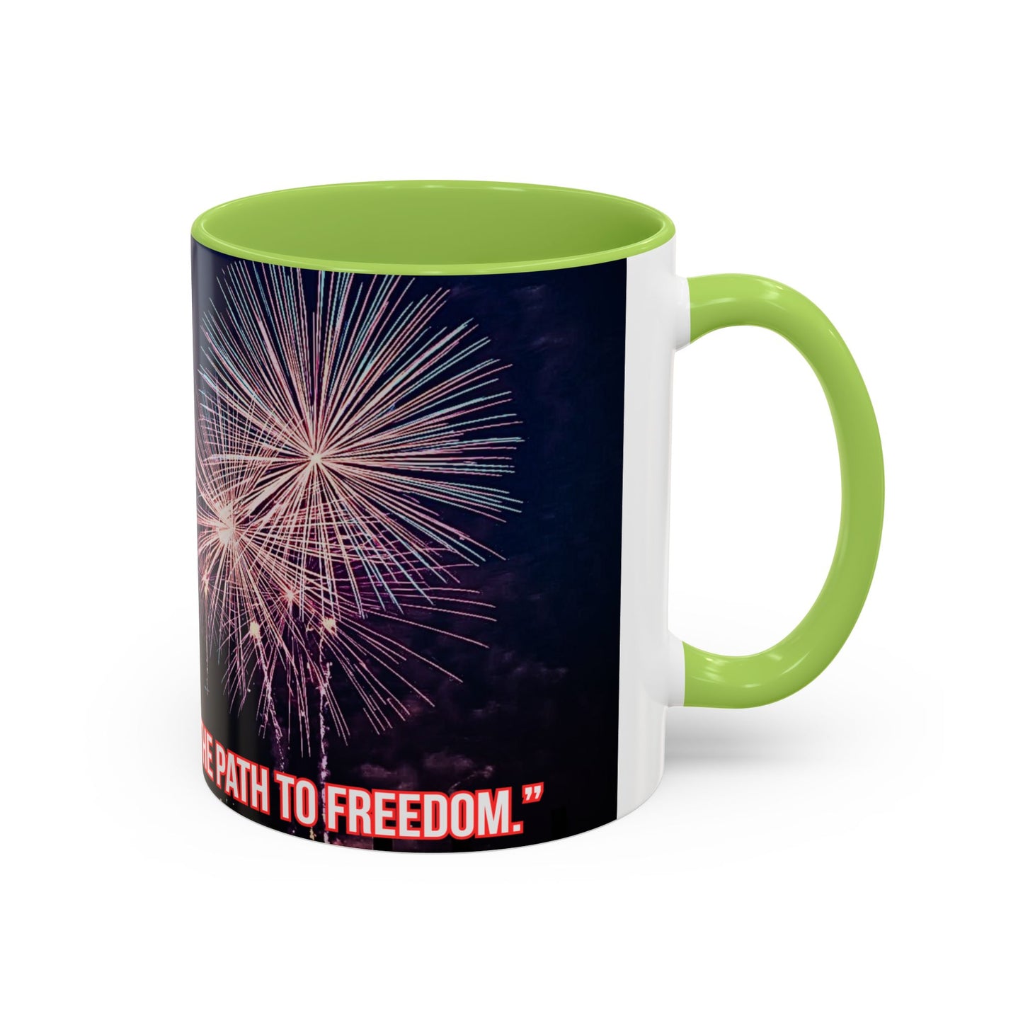 Fireworks Accent Coffee Mug — Inspirational "Lights the Path to Freedom" Design