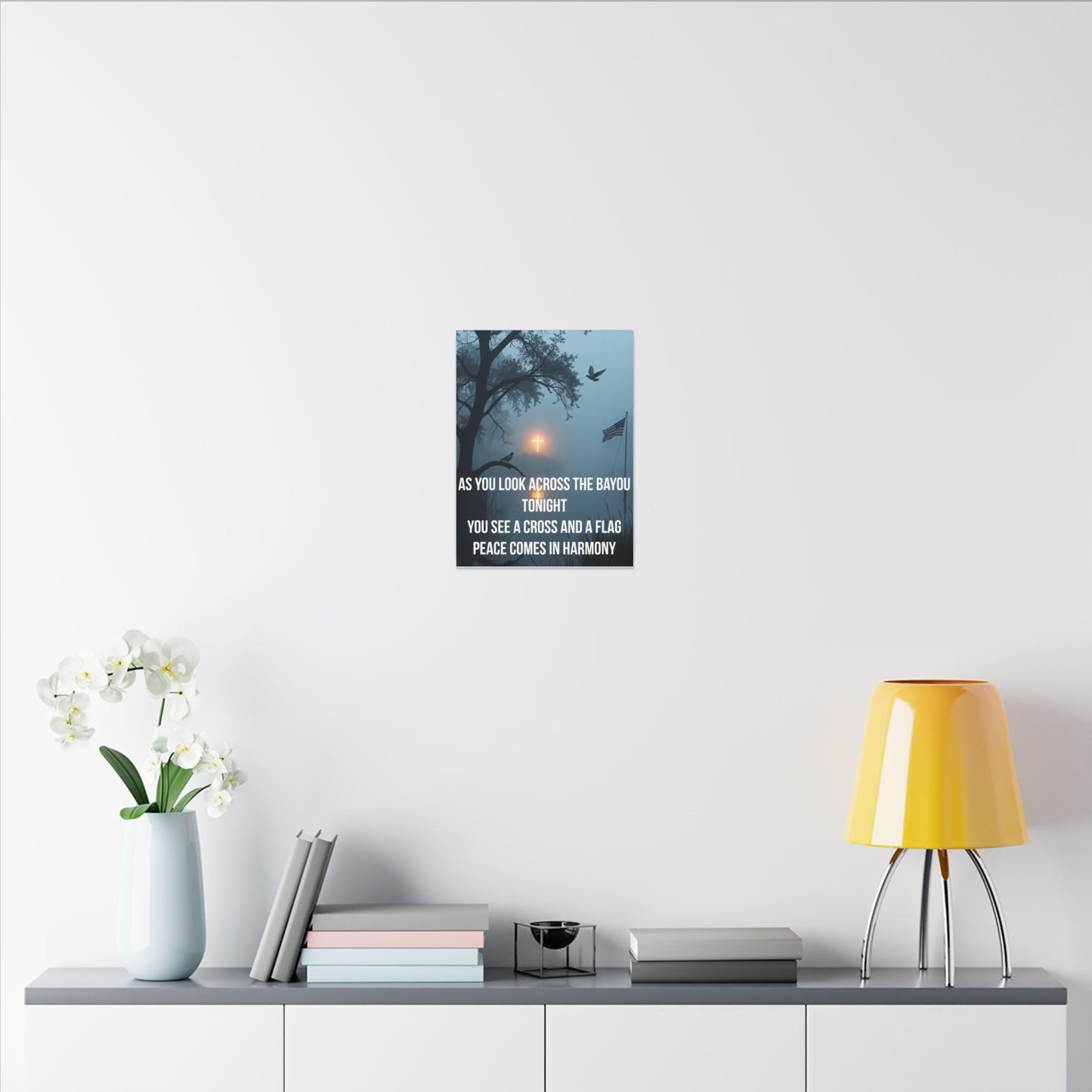 Bayou Cross & Flag Matte Canvas Wall Art – Inspirational Patriotic Christian Quote