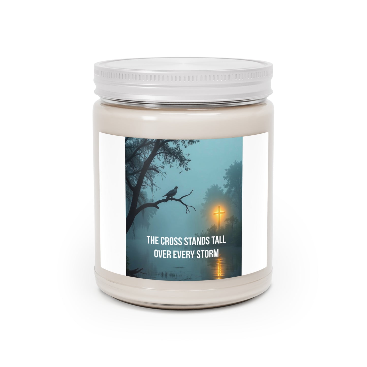 Inspirational Cross Soy Candle — "The Cross Stands Tall Over Every Storm" (9oz)