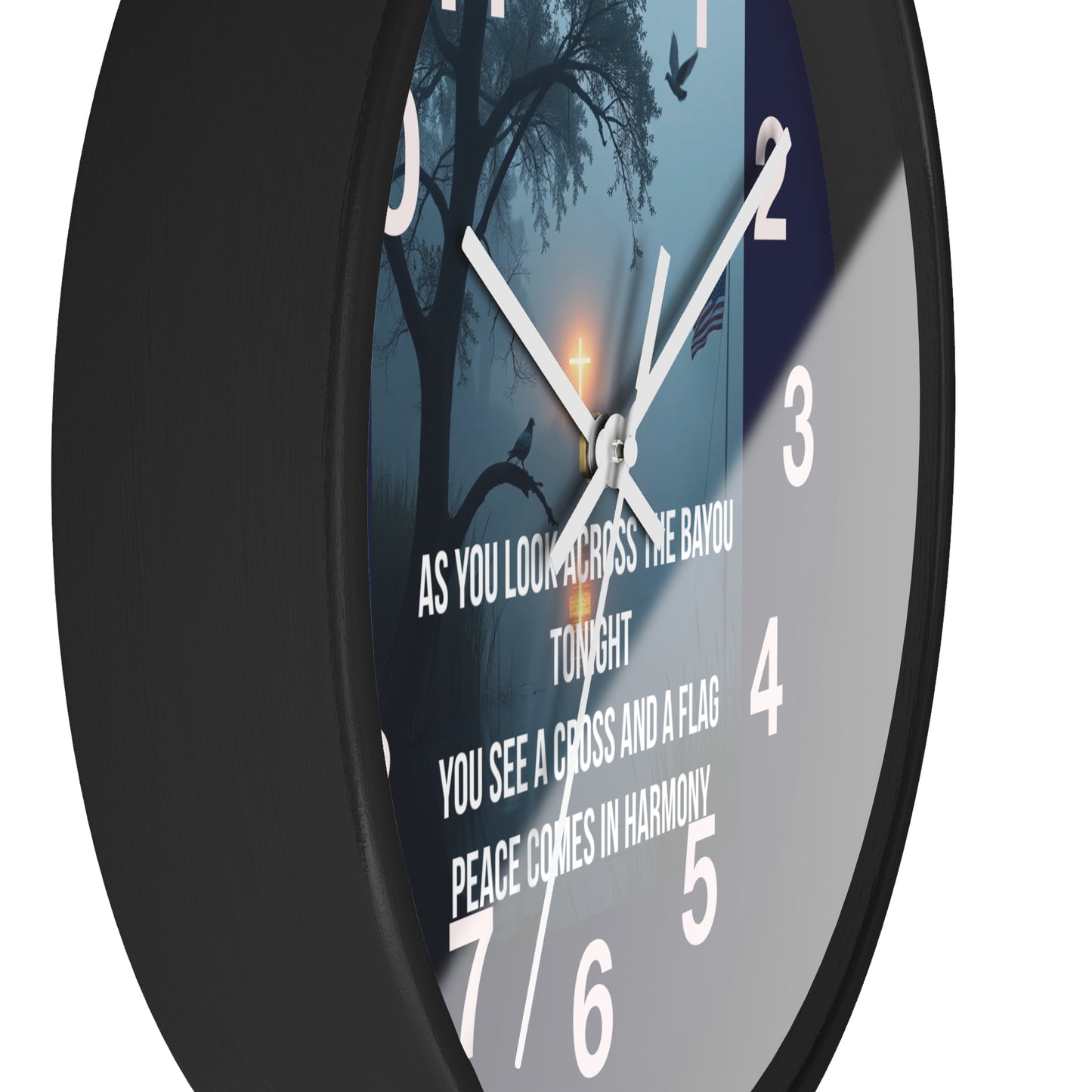 Bayou Cross & Flag Wall Clock — Patriotic Peaceful Sunset Decor